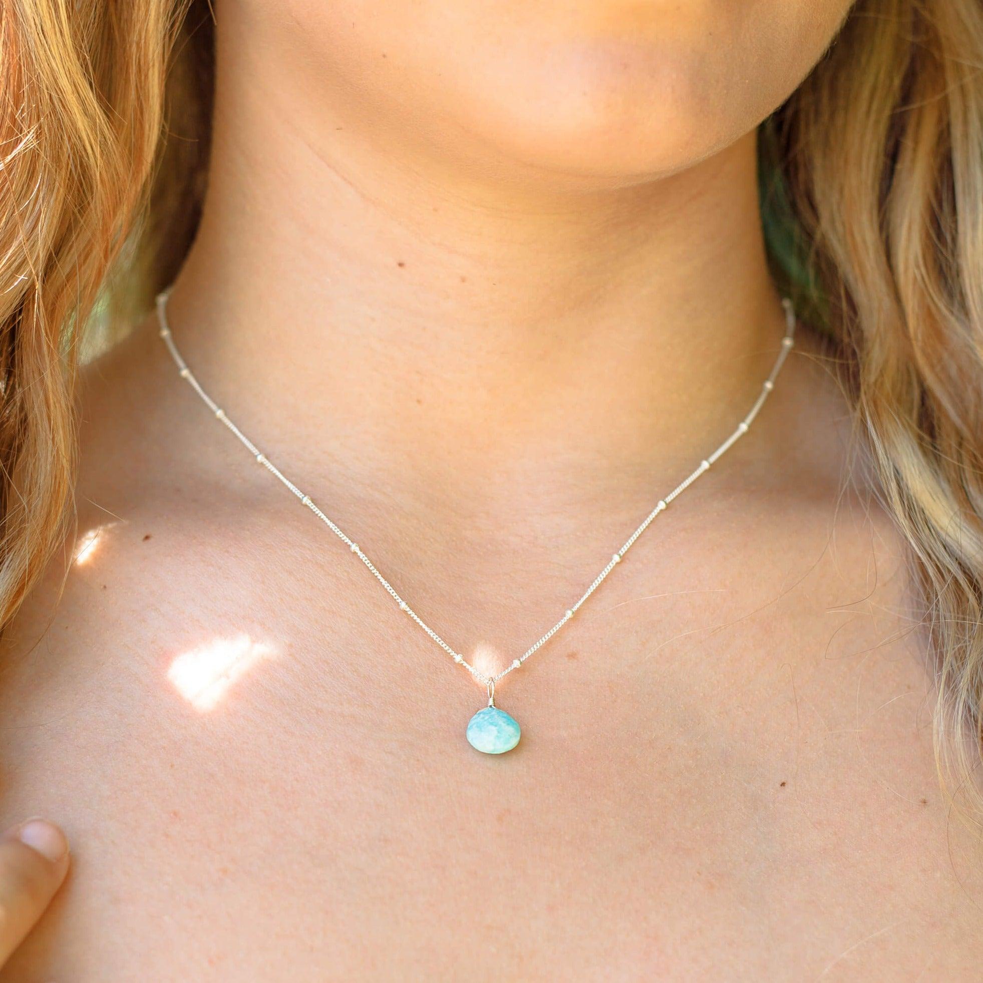 Tiny Amazonite Teardrop Necklace - Tiny Amazonite Teardrop Necklace - 14k Gold Fill / Cable - Luna Tide Handmade Crystal Jewellery