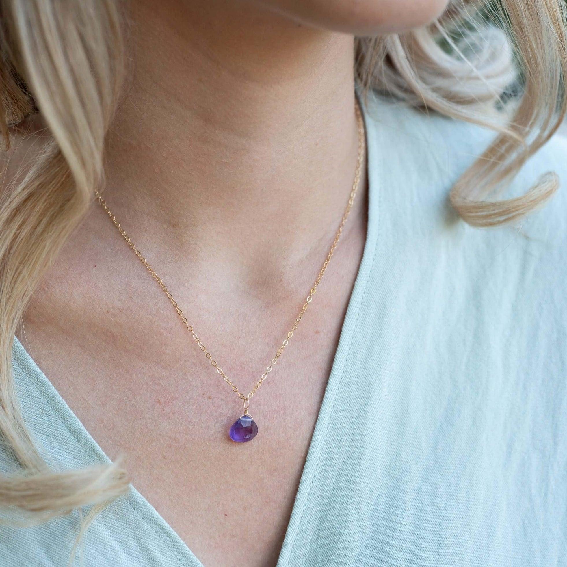 Tiny Amethyst Teardrop Crystal Necklace - Tiny Amethyst Teardrop Crystal Necklace - Sterling Silver / Cable - Luna Tide Handmade Crystal Jewellery
