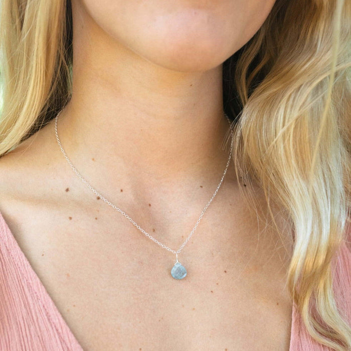 Tiny Aquamarine Teardrop Necklace - Tiny Aquamarine Teardrop Necklace - Sterling Silver / Cable - Luna Tide Handmade Crystal Jewellery