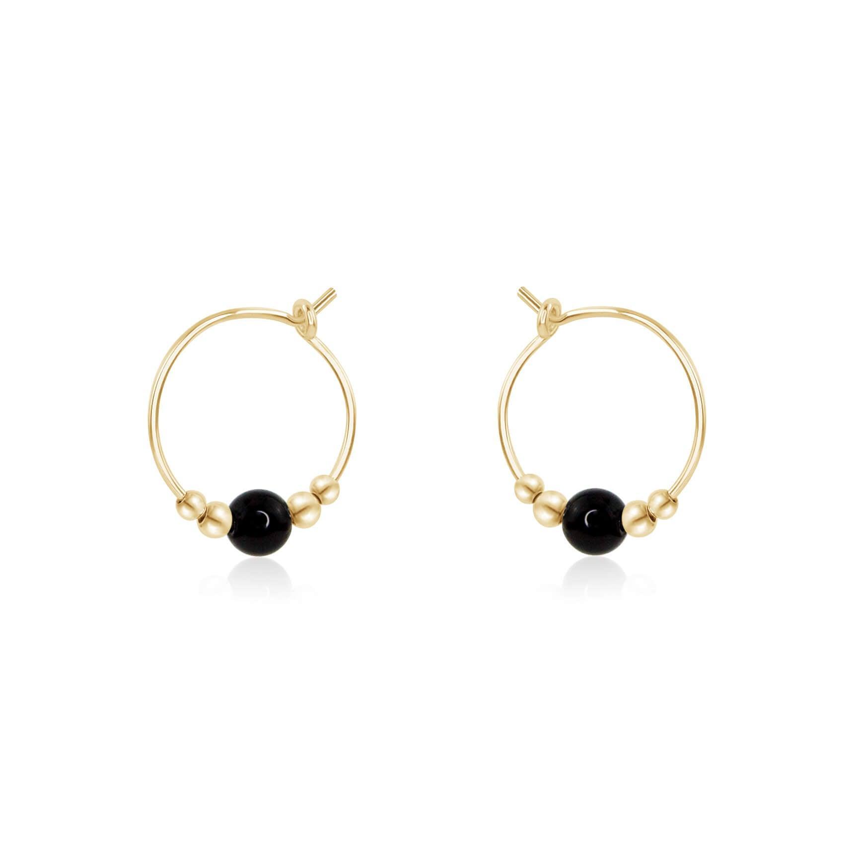 Tiny Black Tourmaline Bead Hoop Earrings - Tiny Black Tourmaline Bead Hoop Earrings - 14k Gold Fill - Luna Tide Handmade Crystal Jewellery