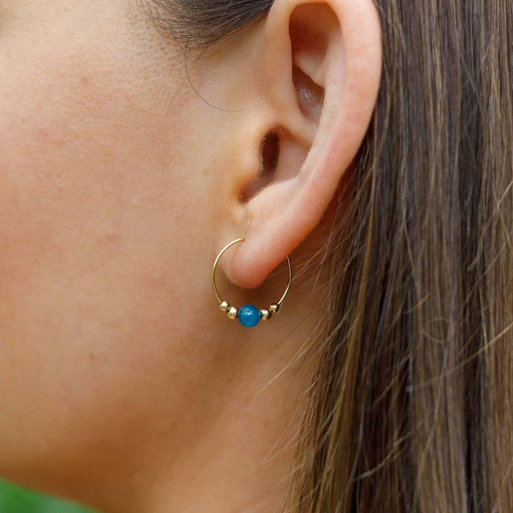 Tiny Blue Apatite Bead Hoop Earrings - Tiny Blue Apatite Bead Hoop Earrings - Sterling Silver - Luna Tide Handmade Crystal Jewellery