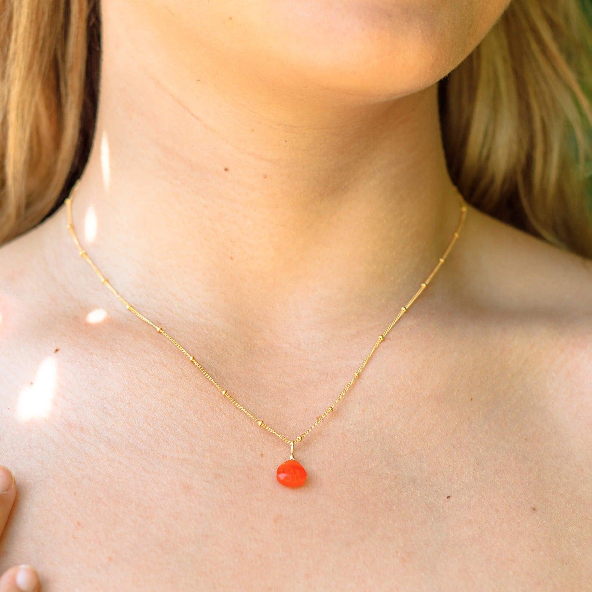 Tiny Carnelian Teardrop Crystal Necklace - Tiny Carnelian Teardrop Crystal Necklace - 14k Gold Fill / Cable - Luna Tide Handmade Crystal Jewellery