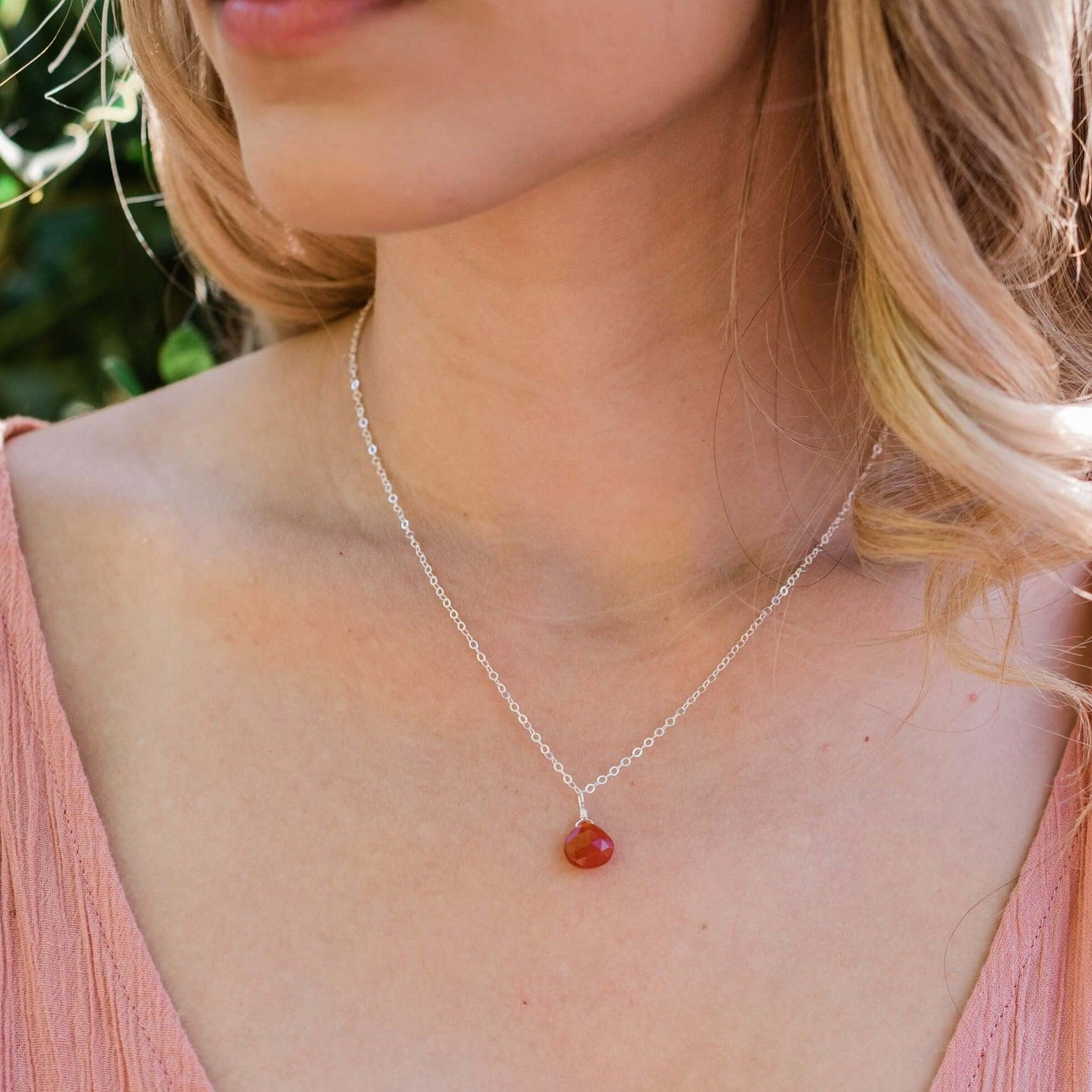 Tiny Carnelian Teardrop Crystal Necklace - Tiny Carnelian Teardrop Crystal Necklace - 14k Gold Fill / Cable - Luna Tide Handmade Crystal Jewellery