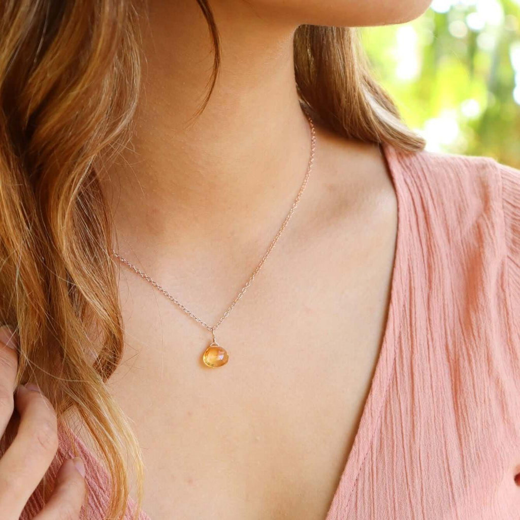 Tiny Citrine Teardrop Crystal Necklace - Tiny Citrine Teardrop Crystal Necklace - 14k Gold Fill / Cable - Luna Tide Handmade Crystal Jewellery