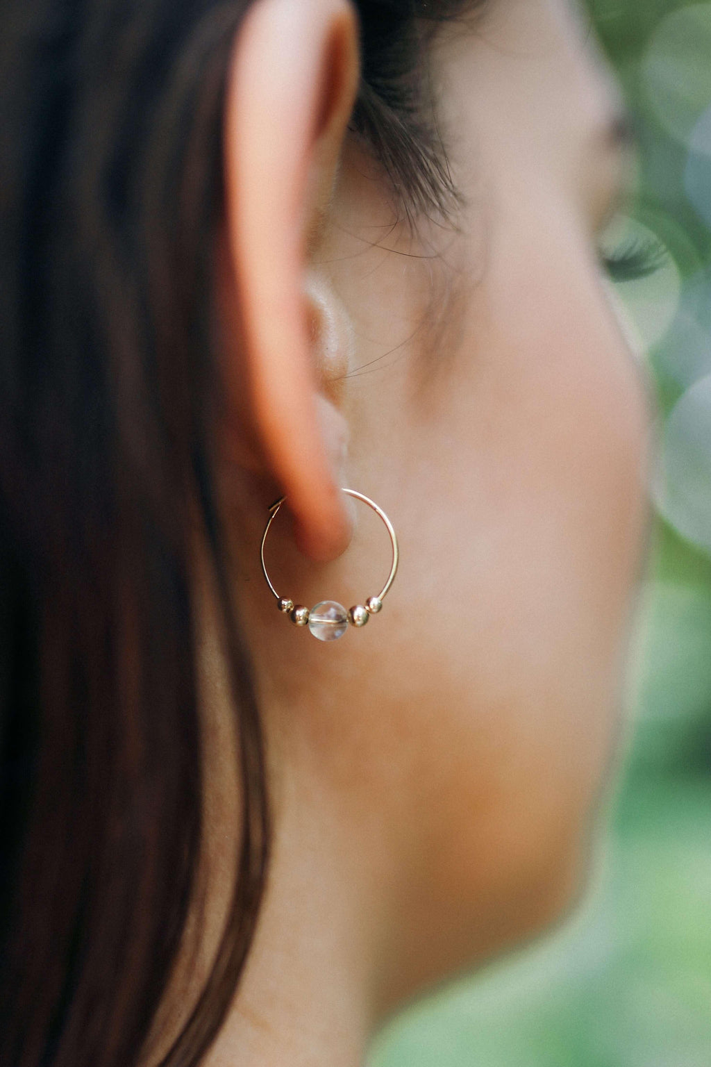 Tiny Crystal Quartz Bead Hoop Earrings - Tiny Crystal Quartz Bead Hoop Earrings - 14k Gold Fill - Luna Tide Handmade Crystal Jewellery