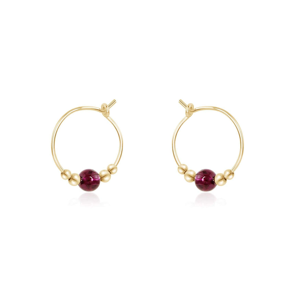Tiny Garnet Bead Hoop Earrings - Tiny Garnet Bead Hoop Earrings - 14k Gold Fill - Luna Tide Handmade Crystal Jewellery