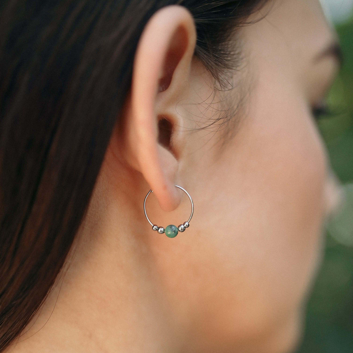 Tiny Green Emerald Gemstone Bead Hoop Earrings - Tiny Green Emerald Gemstone Bead Hoop Earrings - 14k Gold Fill - Luna Tide Handmade Crystal Jewellery