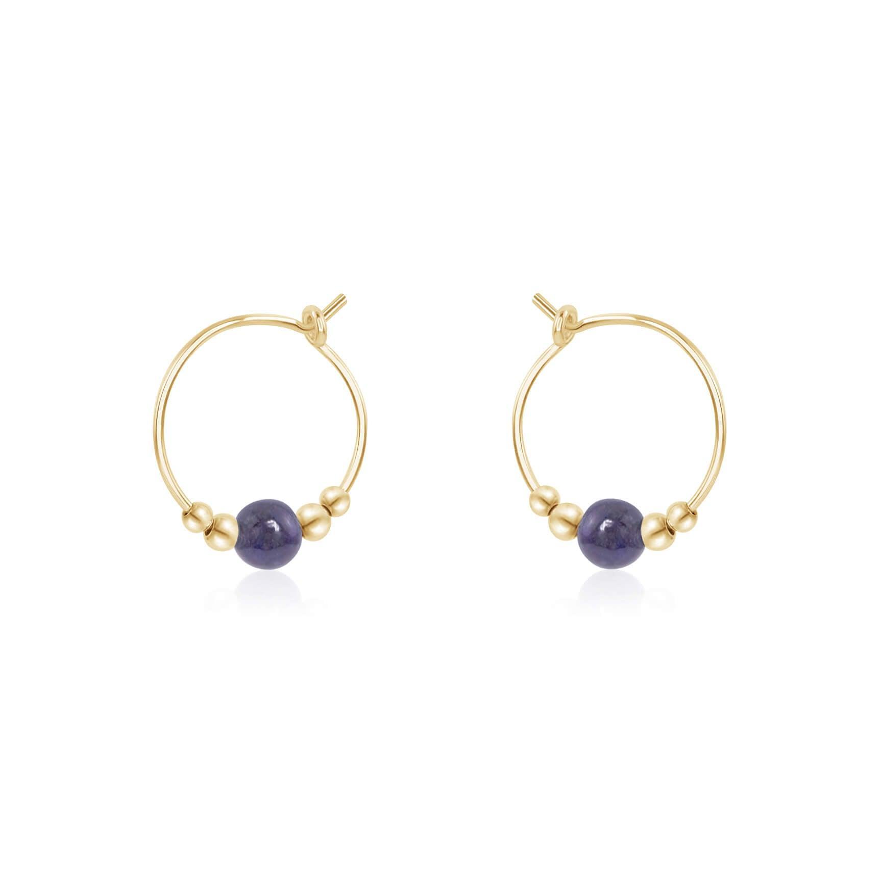 Tiny Iolite Gemstone Bead Hoop Earrings - Tiny Iolite Gemstone Bead Hoop Earrings - 14k Gold Fill - Luna Tide Handmade Crystal Jewellery