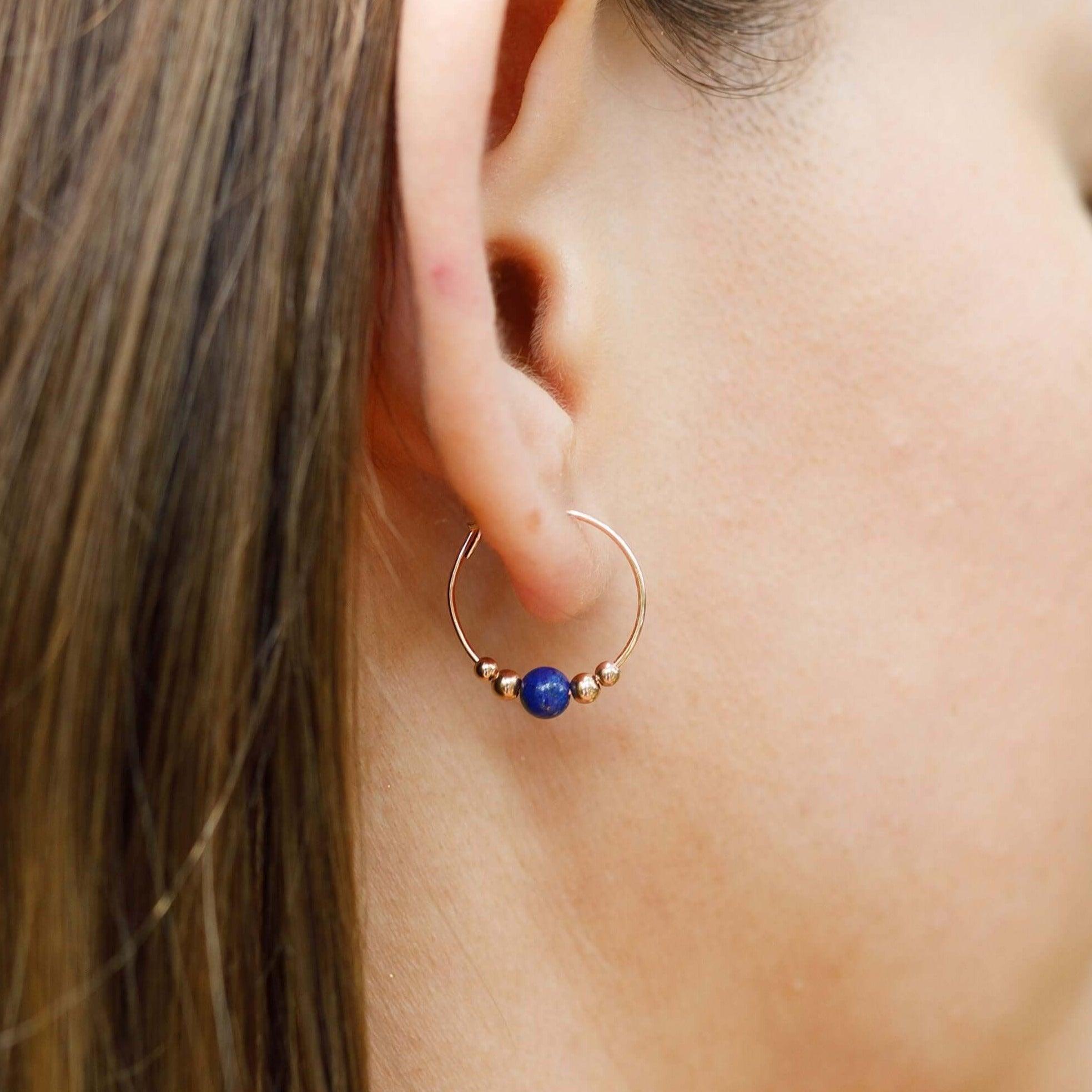 Tiny Lapis Lazuli Gemstone Bead Hoop Earrings Luna Tide