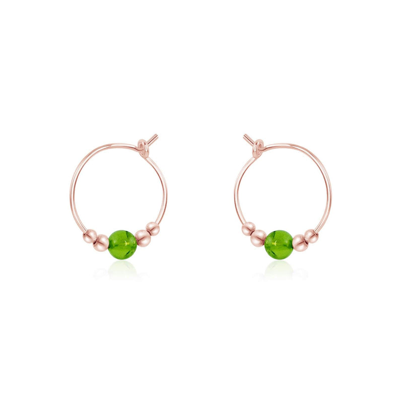 Tiny Peridot Gemstone Bead Hoop Earrings - Tiny Peridot Gemstone Bead Hoop Earrings - 14k Rose Gold Fill - Luna Tide Handmade Crystal Jewellery