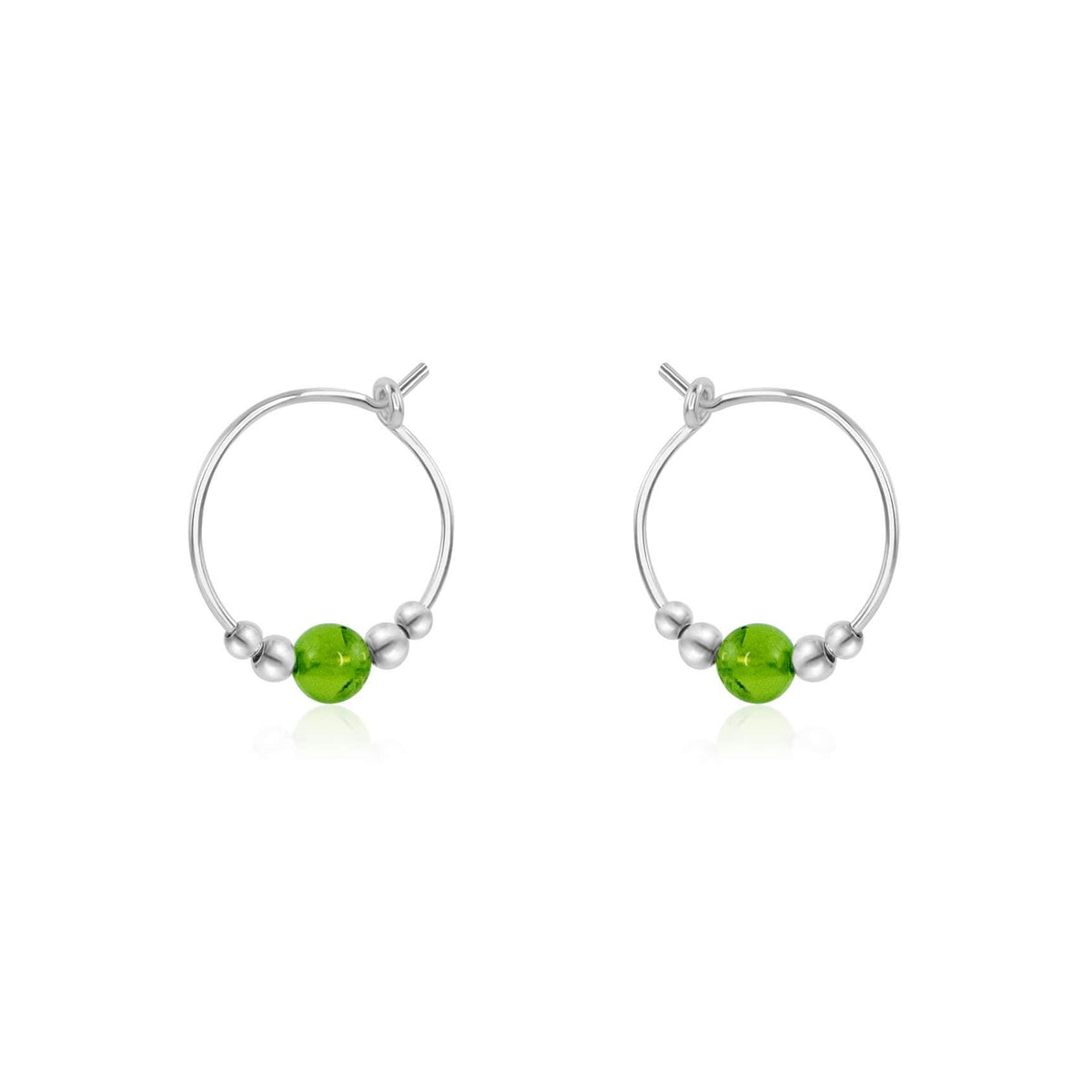 Tiny Peridot Gemstone Bead Hoop Earrings - Tiny Peridot Gemstone Bead Hoop Earrings - Sterling Silver - Luna Tide Handmade Crystal Jewellery