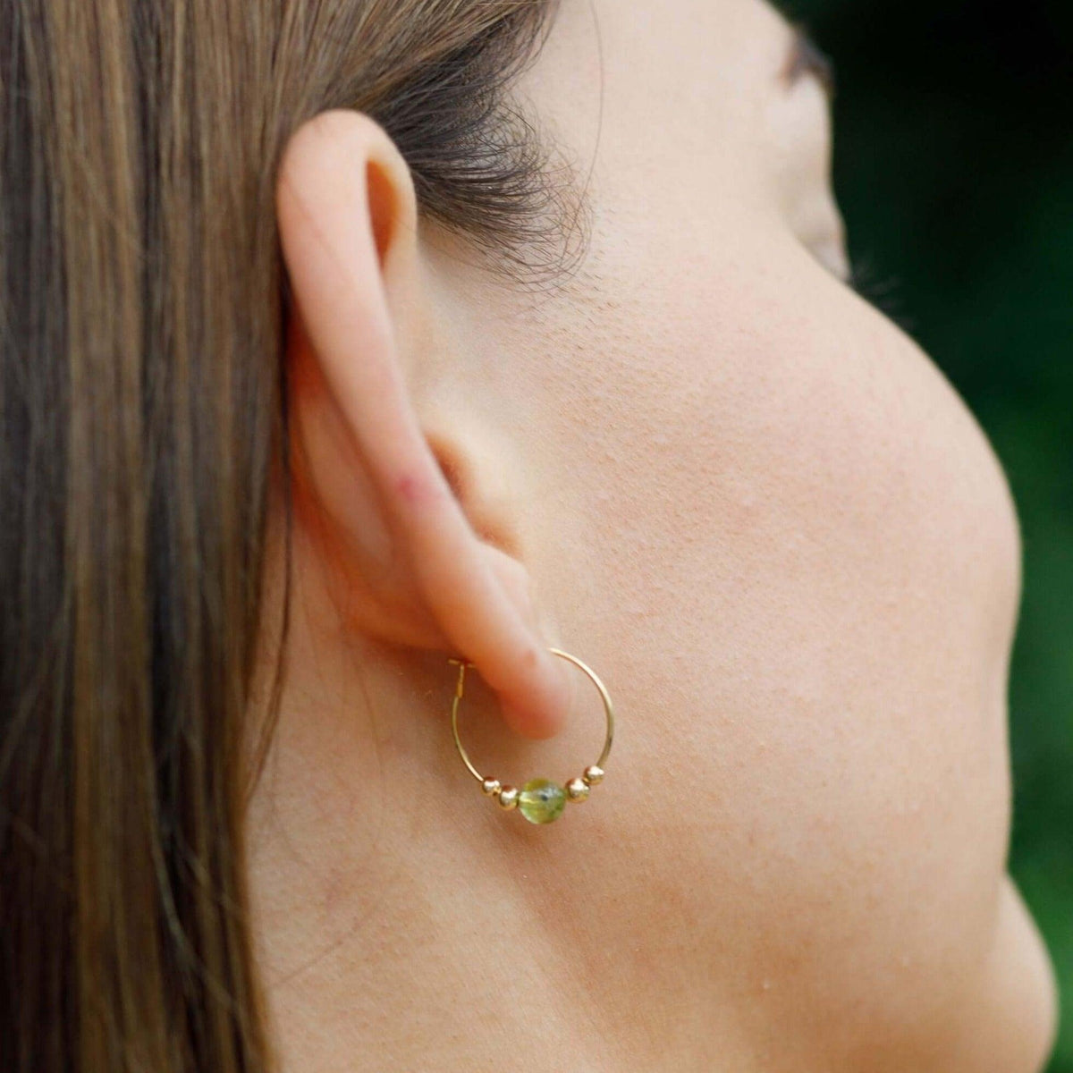 Tiny Peridot Gemstone Bead Hoop Earrings - Tiny Peridot Gemstone Bead Hoop Earrings - Sterling Silver - Luna Tide Handmade Crystal Jewellery