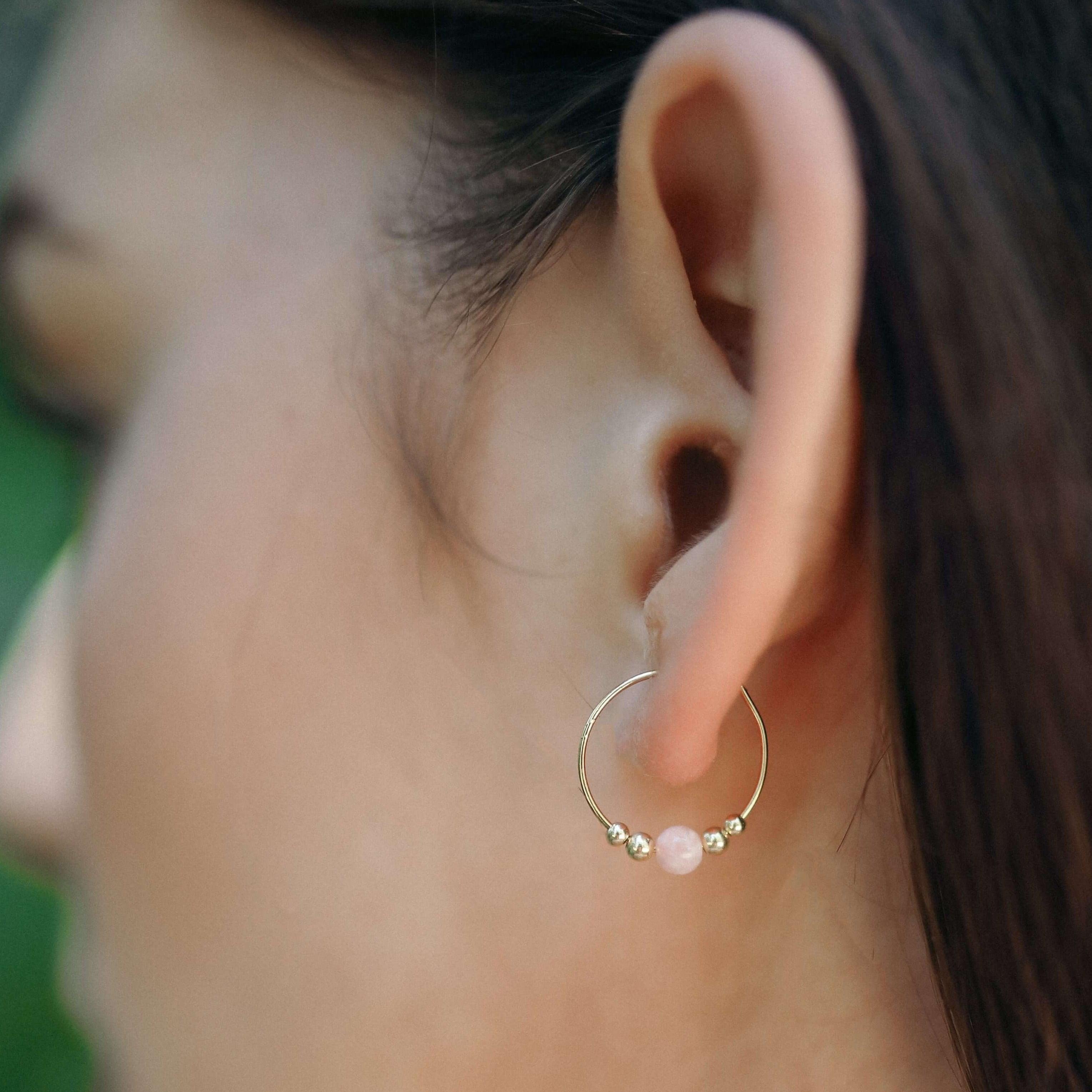 Tiny Pink Peruvian Opal Bead Hoop Earrings - Tiny Pink Peruvian Opal Bead Hoop Earrings - 14k Gold Fill - Luna Tide Handmade Crystal Jewellery