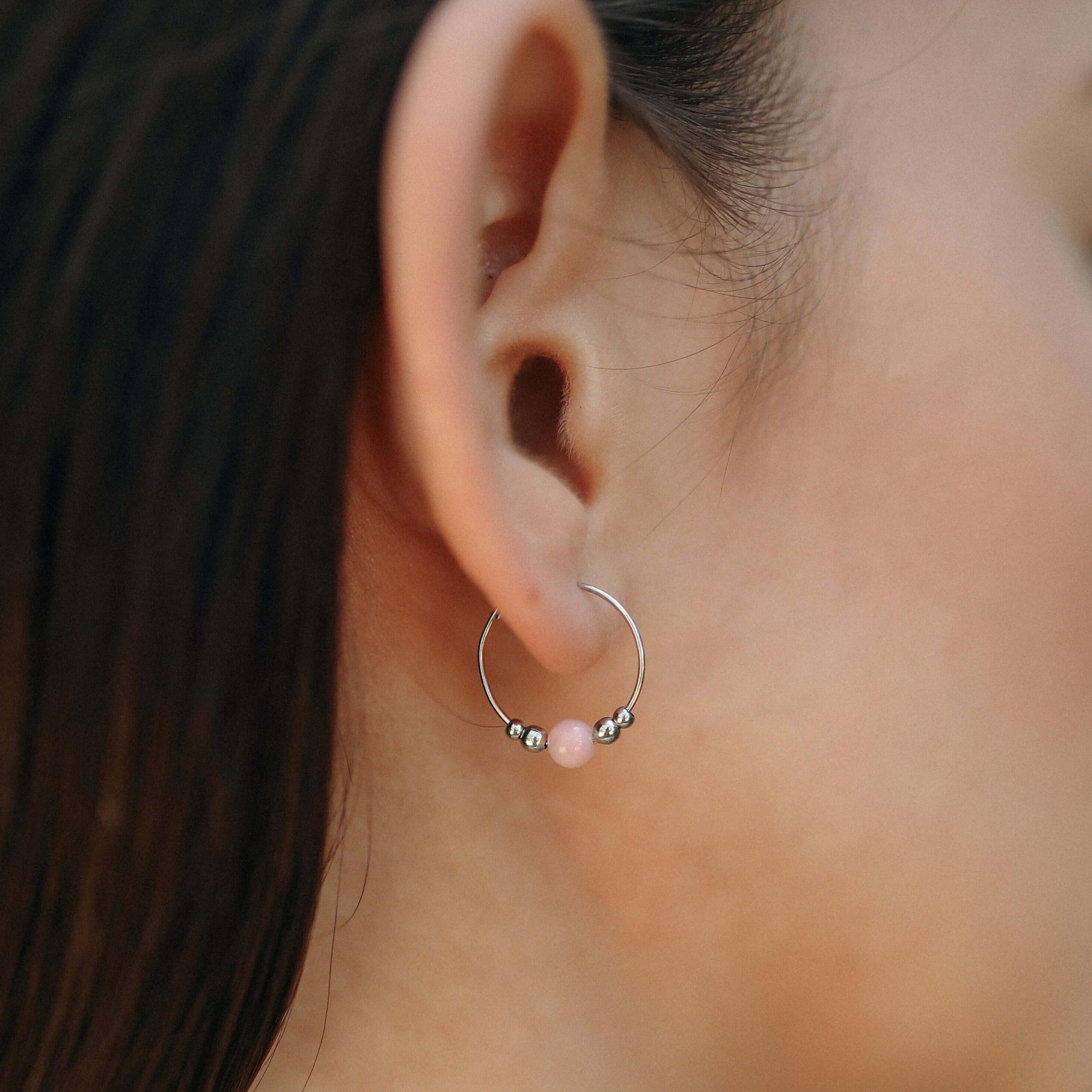 Tiny Pink Peruvian Opal Bead Hoop Earrings - Tiny Pink Peruvian Opal Bead Hoop Earrings - 14k Gold Fill - Luna Tide Handmade Crystal Jewellery