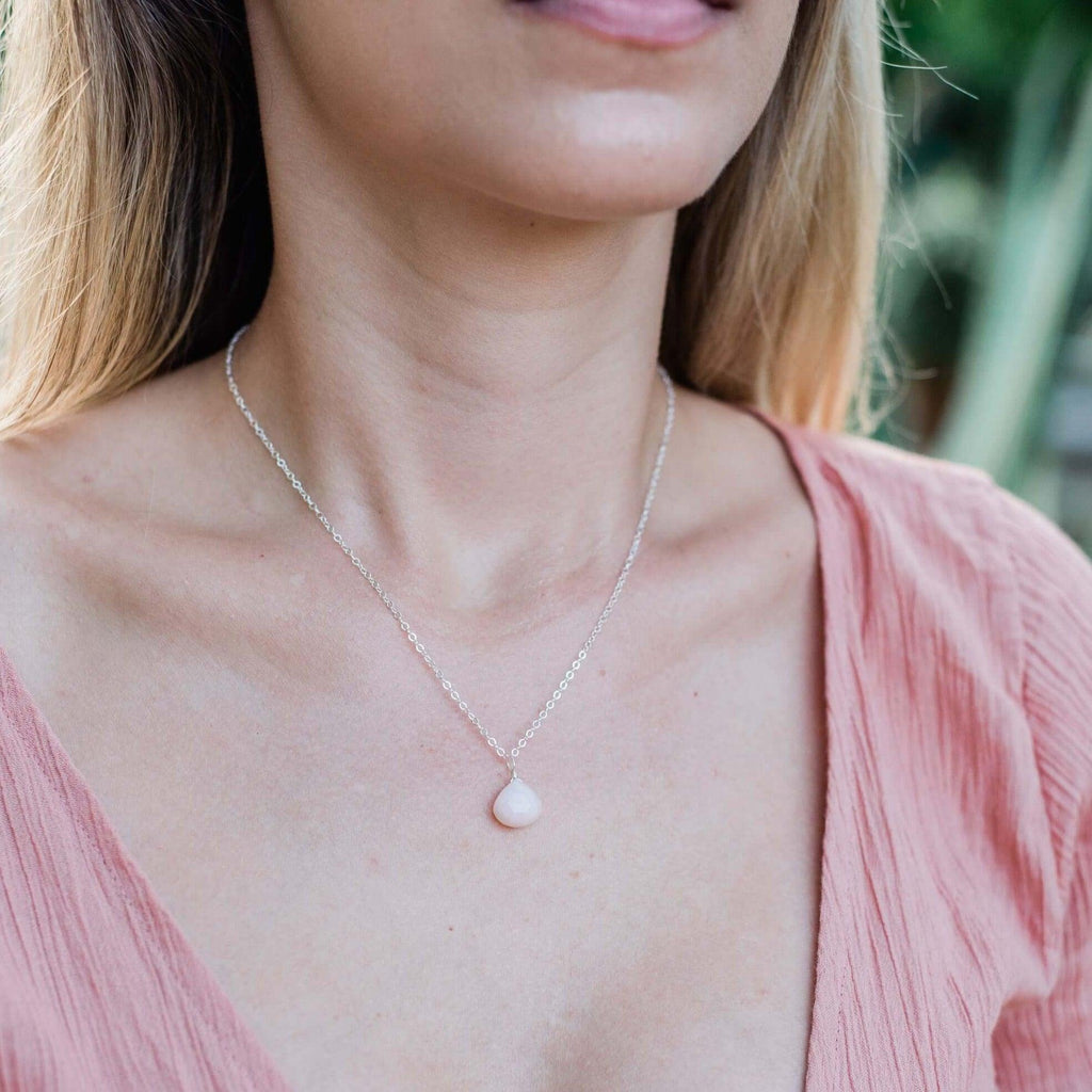 Tiny Pink Peruvian Opal Teardrop Necklace - Tiny Pink Peruvian Opal Teardrop Necklace - Sterling Silver / Cable - Luna Tide Handmade Crystal Jewellery