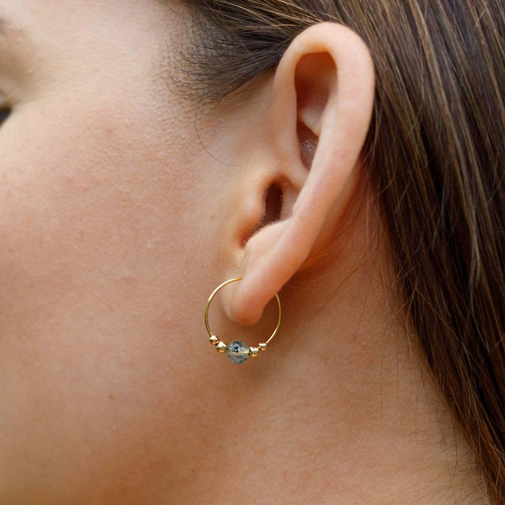 Tiny Prehnite Gemstone Bead Hoop Earrings - Tiny Prehnite Gemstone Bead Hoop Earrings - 14k Gold Fill - Luna Tide Handmade Crystal Jewellery