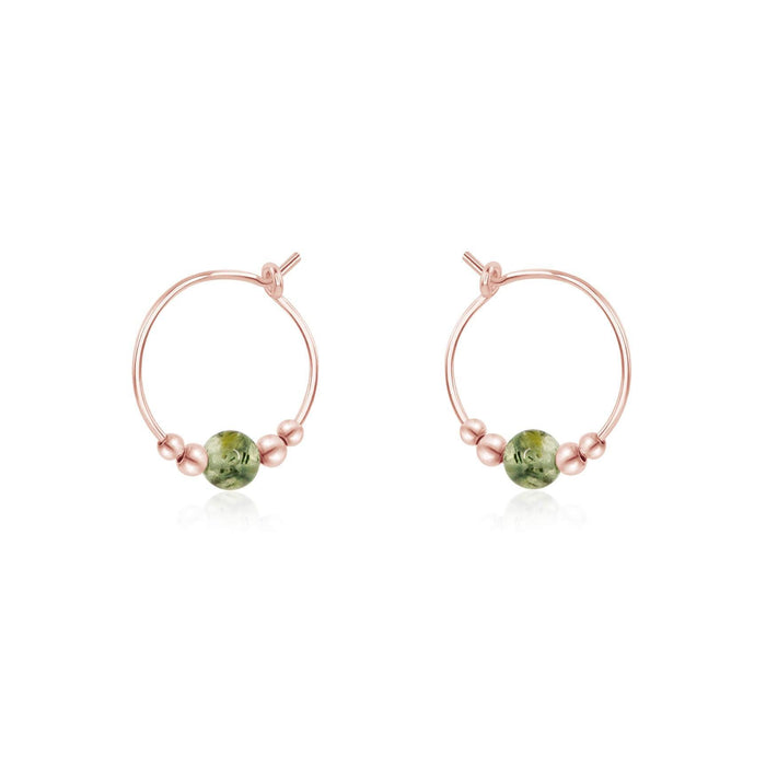 Tiny Prehnite Gemstone Bead Hoop Earrings - Tiny Prehnite Gemstone Bead Hoop Earrings - 14k Rose Gold Fill - Luna Tide Handmade Crystal Jewellery