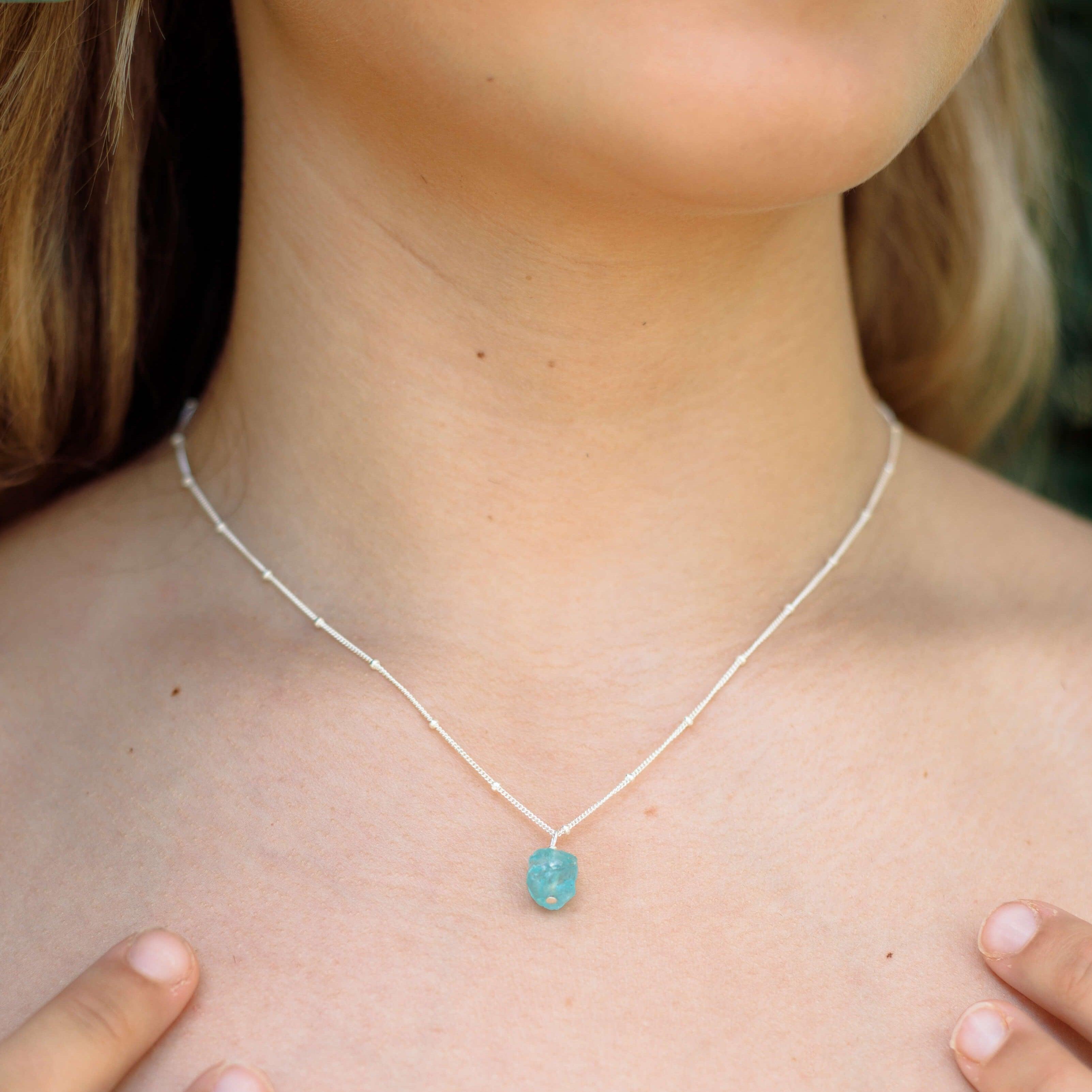 Tiny Raw Apatite Crystal Pendant Necklace - Tiny Raw Apatite Crystal Pendant Necklace - Sterling Silver / Cable - Luna Tide Handmade Crystal Jewellery