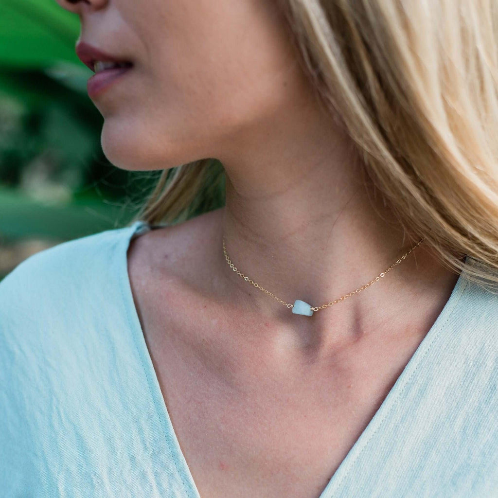Tiny Raw Aquamarine Crystal Nugget Choker - Tiny Raw Aquamarine Crystal Nugget Choker - Sterling Silver - Luna Tide Handmade Crystal Jewellery