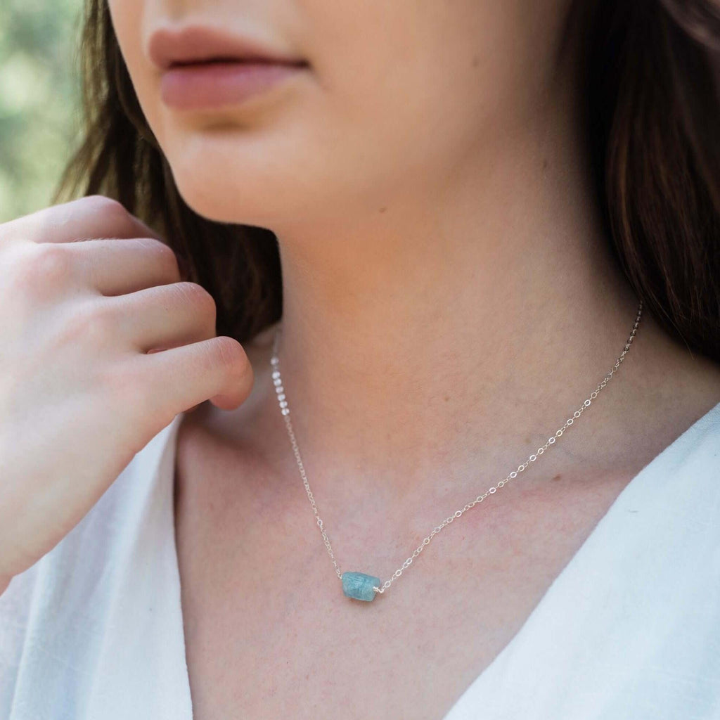 Tiny Raw Aquamarine Crystal Nugget Necklace - Tiny Raw Aquamarine Crystal Nugget Necklace - Sterling Silver - Luna Tide Handmade Crystal Jewellery
