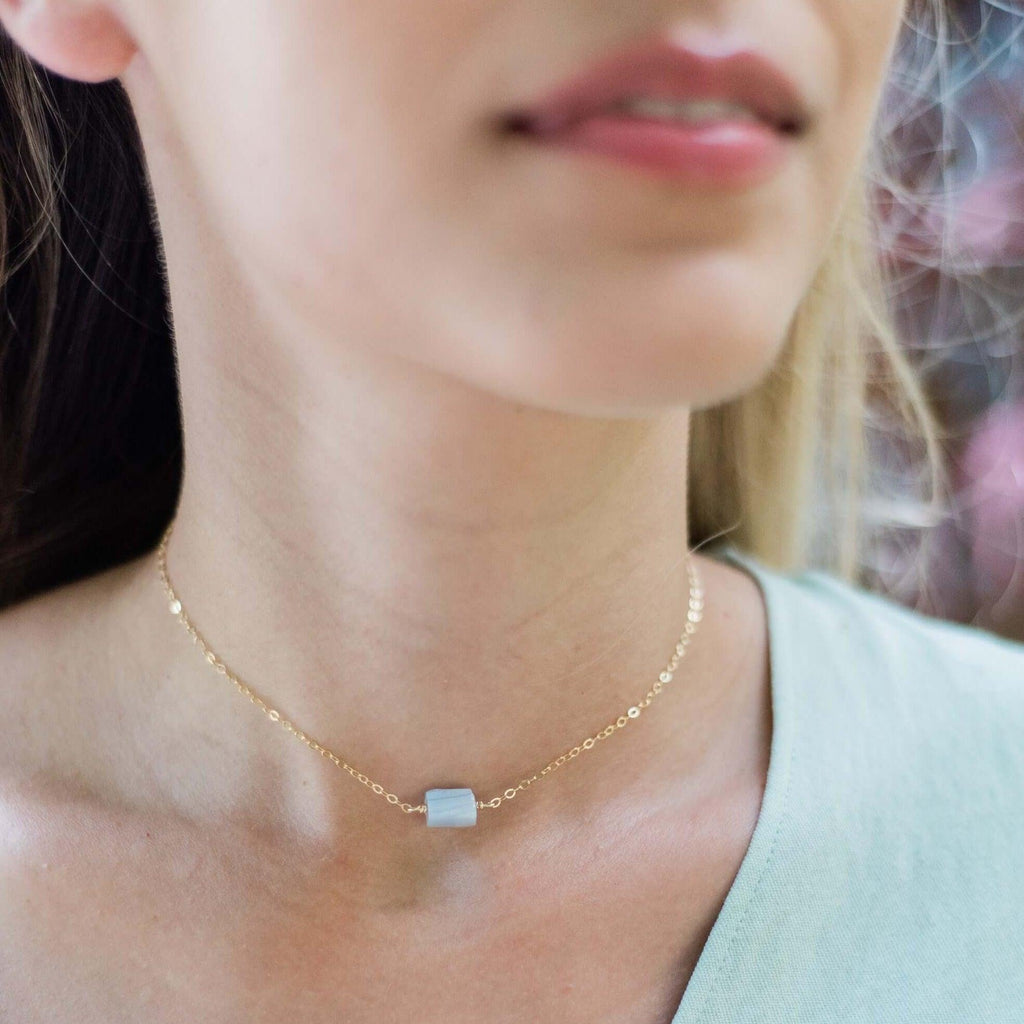Tiny Raw Blue Lace Agate Crystal Nugget Choker - Tiny Raw Blue Lace Agate Crystal Nugget Choker - Sterling Silver - Luna Tide Handmade Crystal Jewellery