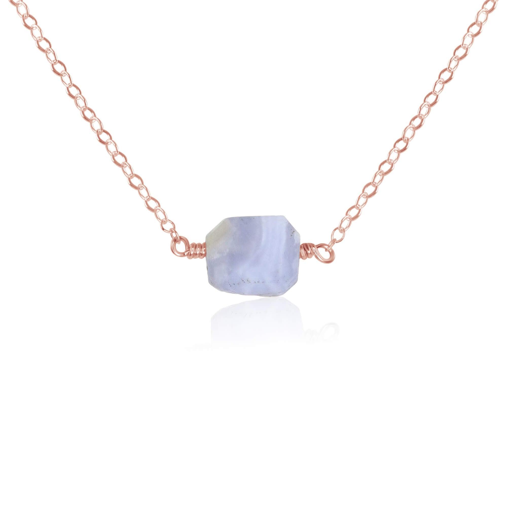 Tiny Raw Blue Lace Agate Crystal Nugget Necklace - Tiny Raw Blue Lace Agate Crystal Nugget Necklace - 14k Rose Gold Fill - Luna Tide Handmade Crystal Jewellery