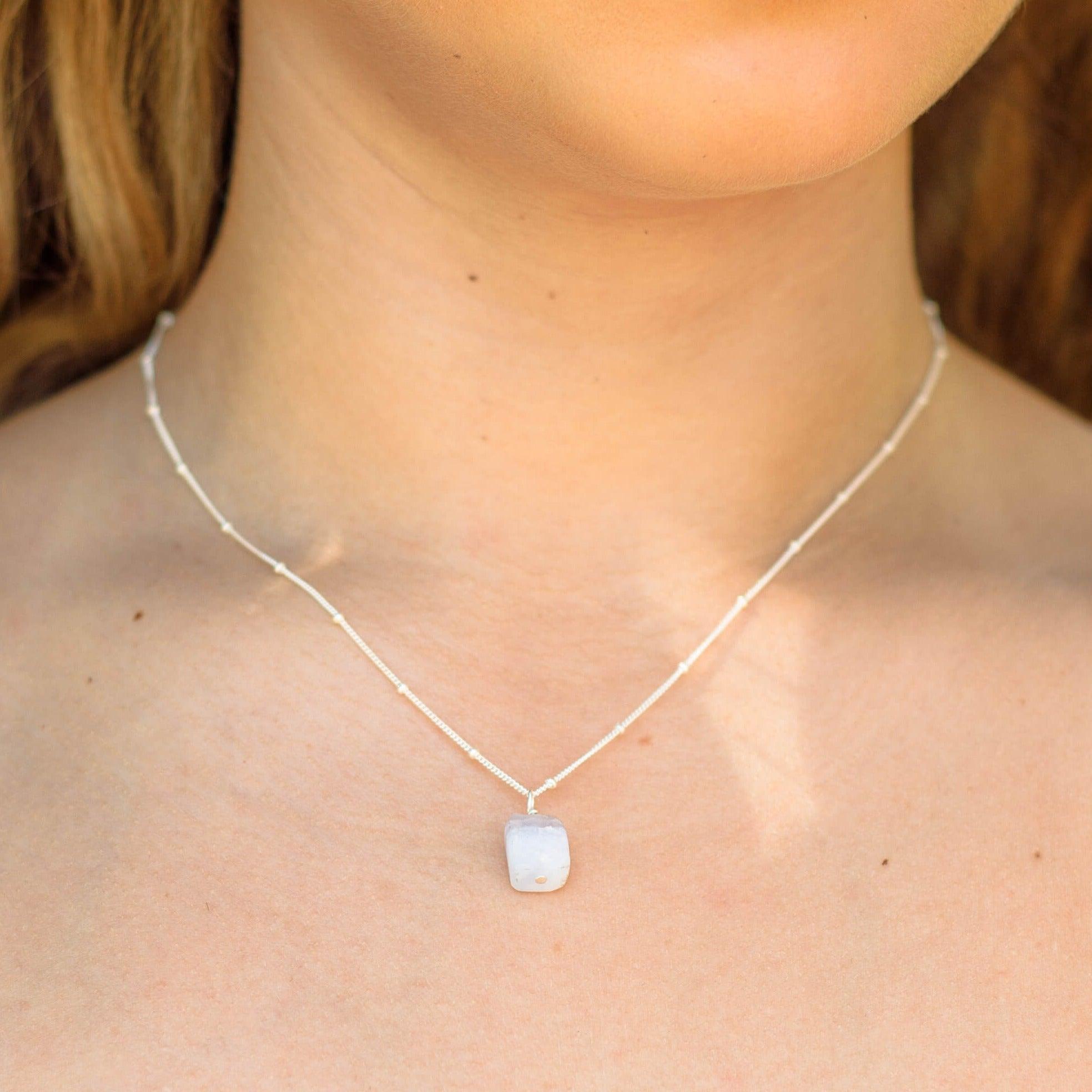 Tiny Raw Blue Lace Agate Pendant Necklace - Tiny Raw Blue Lace Agate Pendant Necklace - Sterling Silver / Cable - Luna Tide Handmade Crystal Jewellery