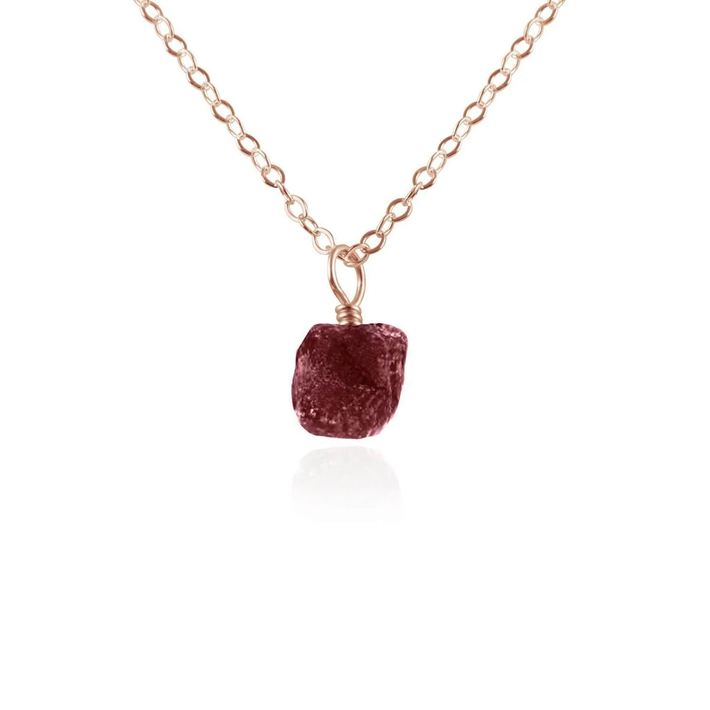 Tiny Raw Earth Red Ruby Pendant Necklace - Tiny Raw Earth Red Ruby Pendant Necklace - 14k Rose Gold Fill / Cable - Luna Tide Handmade Crystal Jewellery