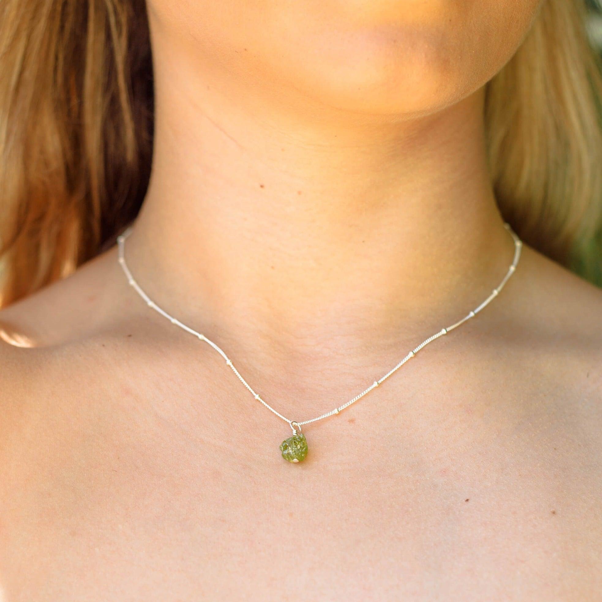 Tiny Raw Peridot Pendant Necklace - Tiny Raw Peridot Pendant Necklace - 14k Gold Fill / Cable - Luna Tide Handmade Crystal Jewellery