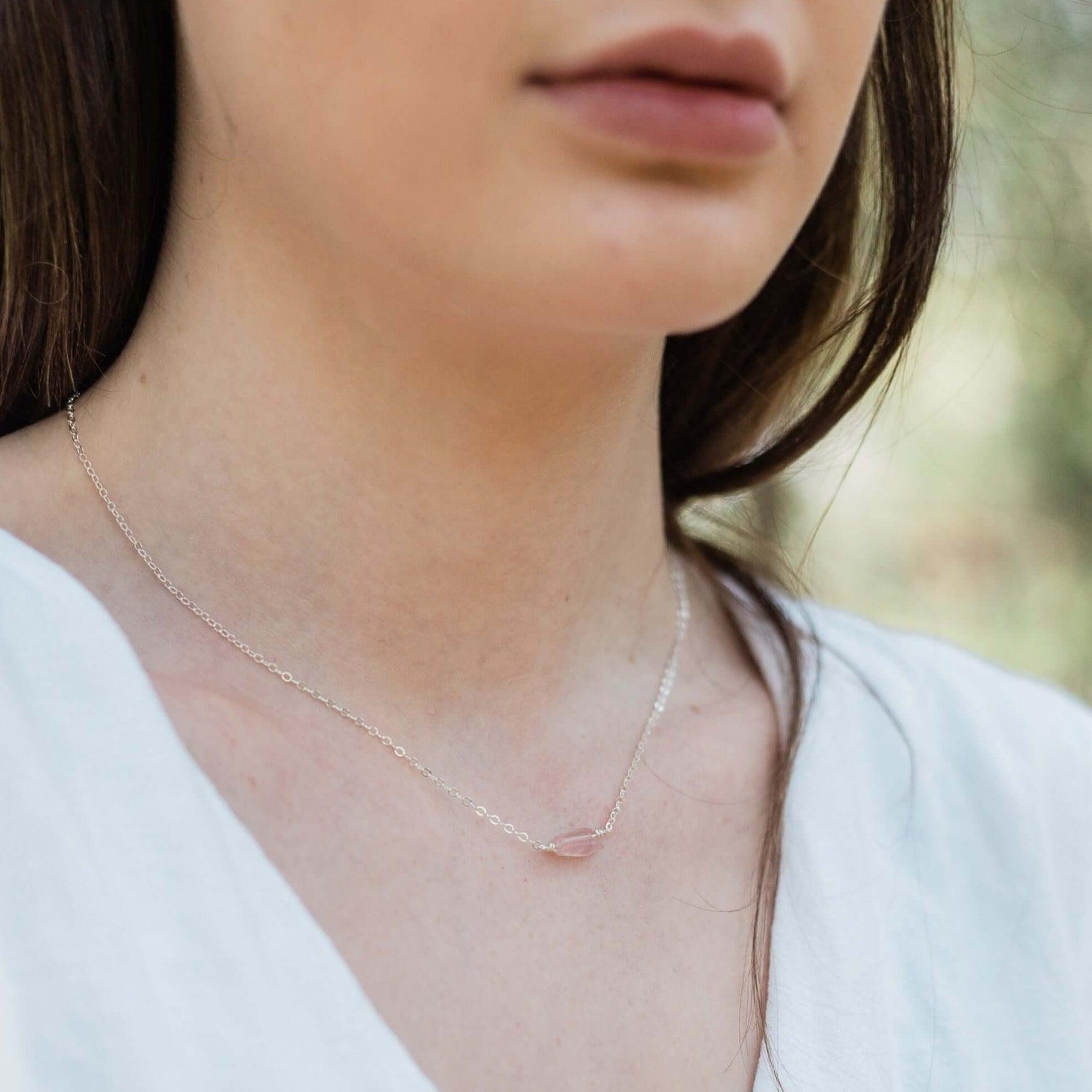 Tiny Raw Rose Quartz Crystal Nugget Necklace - Tiny Raw Rose Quartz Crystal Nugget Necklace - 14k Gold Fill - Luna Tide Handmade Crystal Jewellery