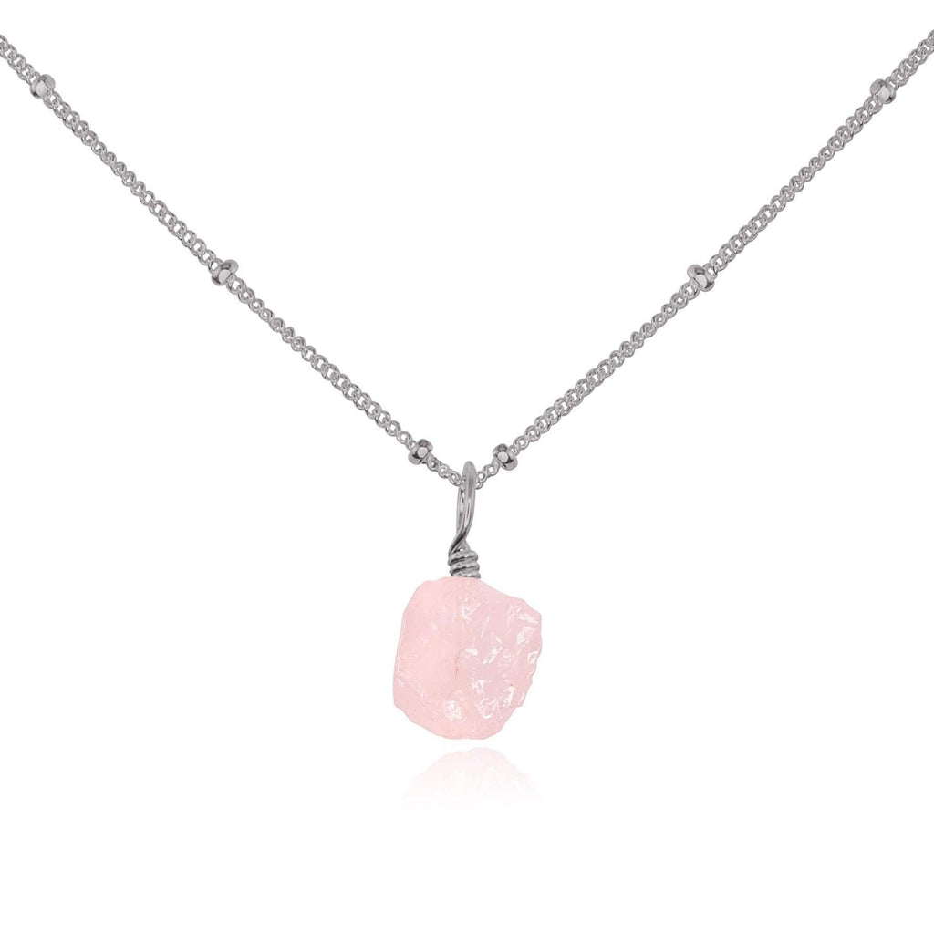 Tiny Raw Rose Quartz Pendant Necklace - Tiny Raw Rose Quartz Pendant Necklace - Stainless Steel / Satellite - Luna Tide Handmade Crystal Jewellery