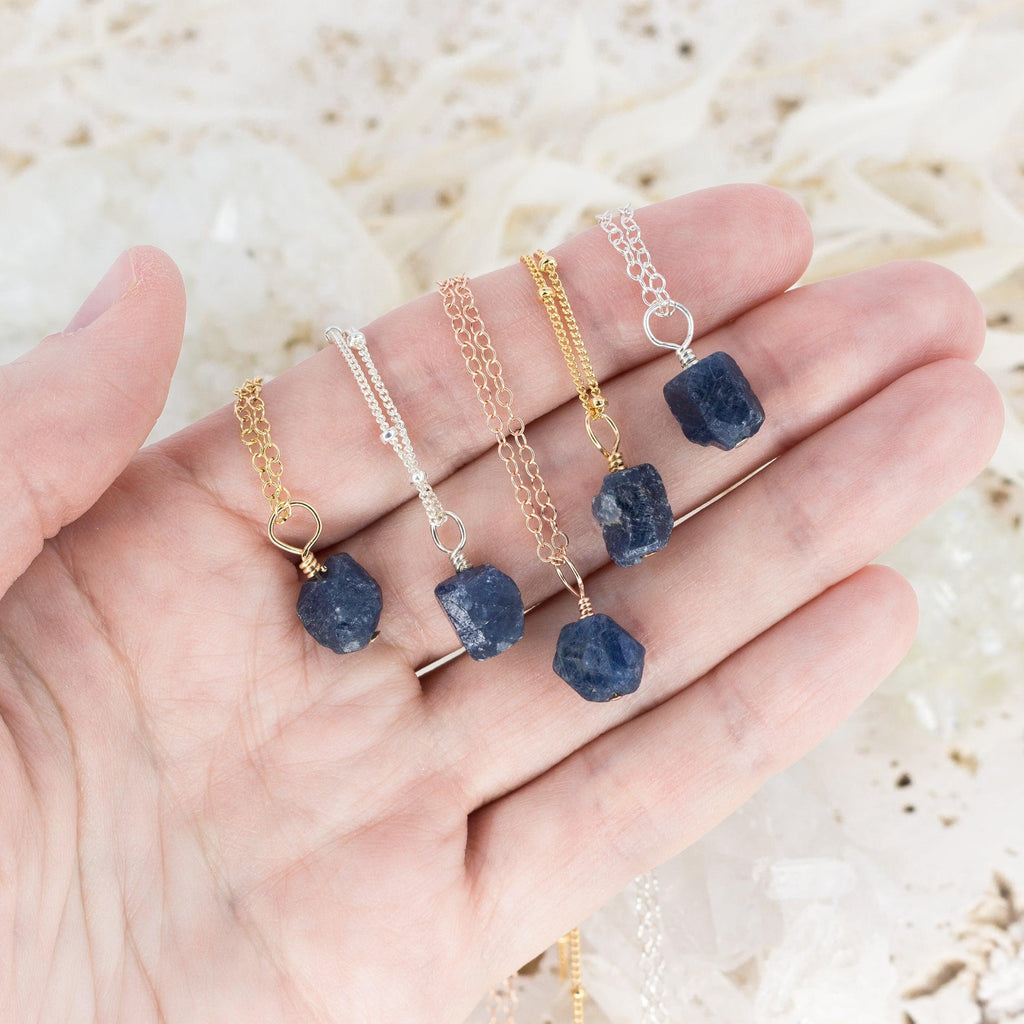 Tiny Raw Sapphire Pendant Necklace - Tiny Raw Sapphire Pendant Necklace - 14k Gold Fill / Cable - Luna Tide Handmade Crystal Jewellery