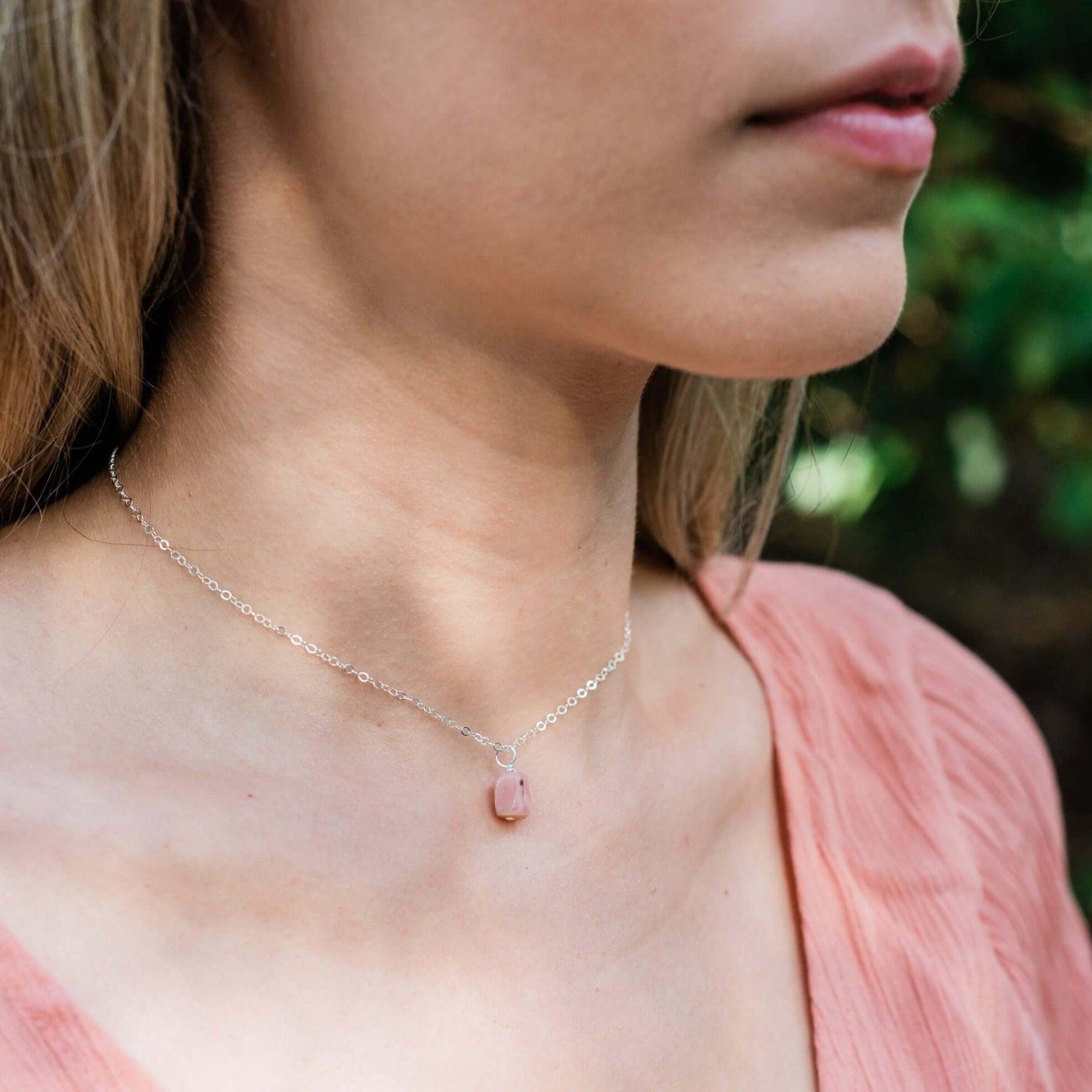 Tiny Rough Pink Peruvian Opal Gemstone Pendant Choker - Tiny Rough Pink Peruvian Opal Gemstone Pendant Choker - 14k Gold Fill / Cable - Luna Tide Handmade Crystal Jewellery