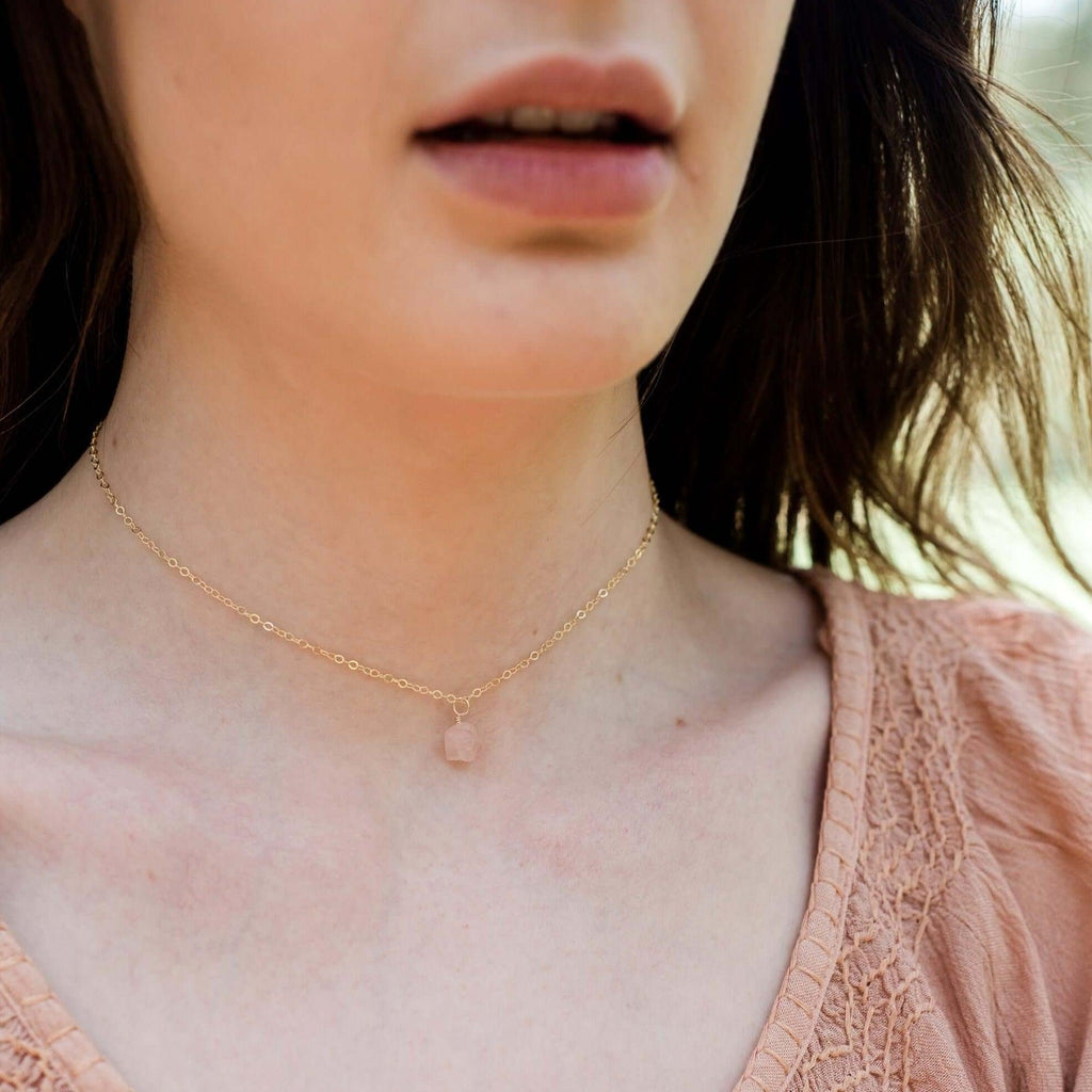 Tiny Rough Rose Quartz Gemstone Pendant Choker - Tiny Rough Rose Quartz Gemstone Pendant Choker - Sterling Silver / Cable - Luna Tide Handmade Crystal Jewellery