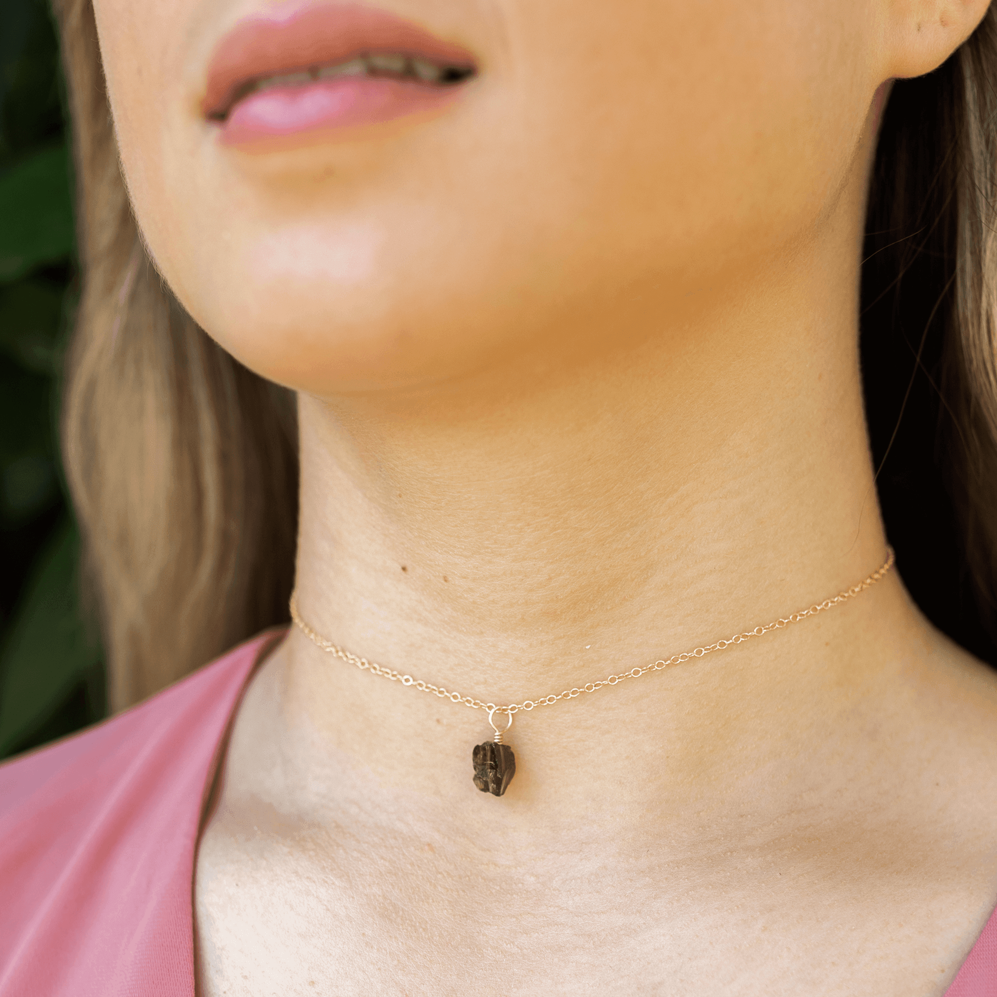 Tiny Rough Smoky Quartz Gemstone Pendant Choker - Tiny Rough Smoky Quartz Gemstone Pendant Choker - 14k Gold Fill / Cable - Luna Tide Handmade Crystal Jewellery