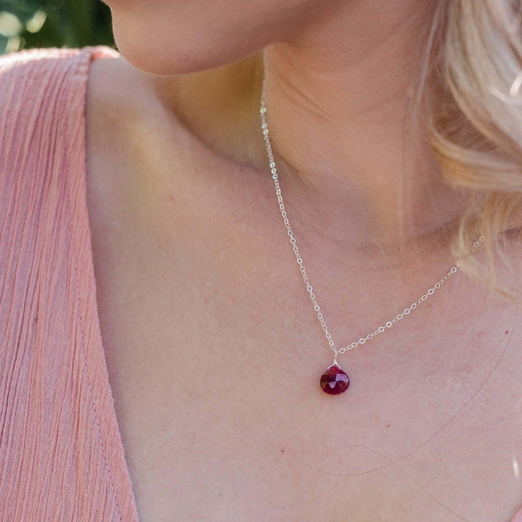 Tiny Ruby Teardrop Crystal Necklace - Tiny Ruby Teardrop Crystal Necklace - 14k Gold Fill / Cable - Luna Tide Handmade Crystal Jewellery