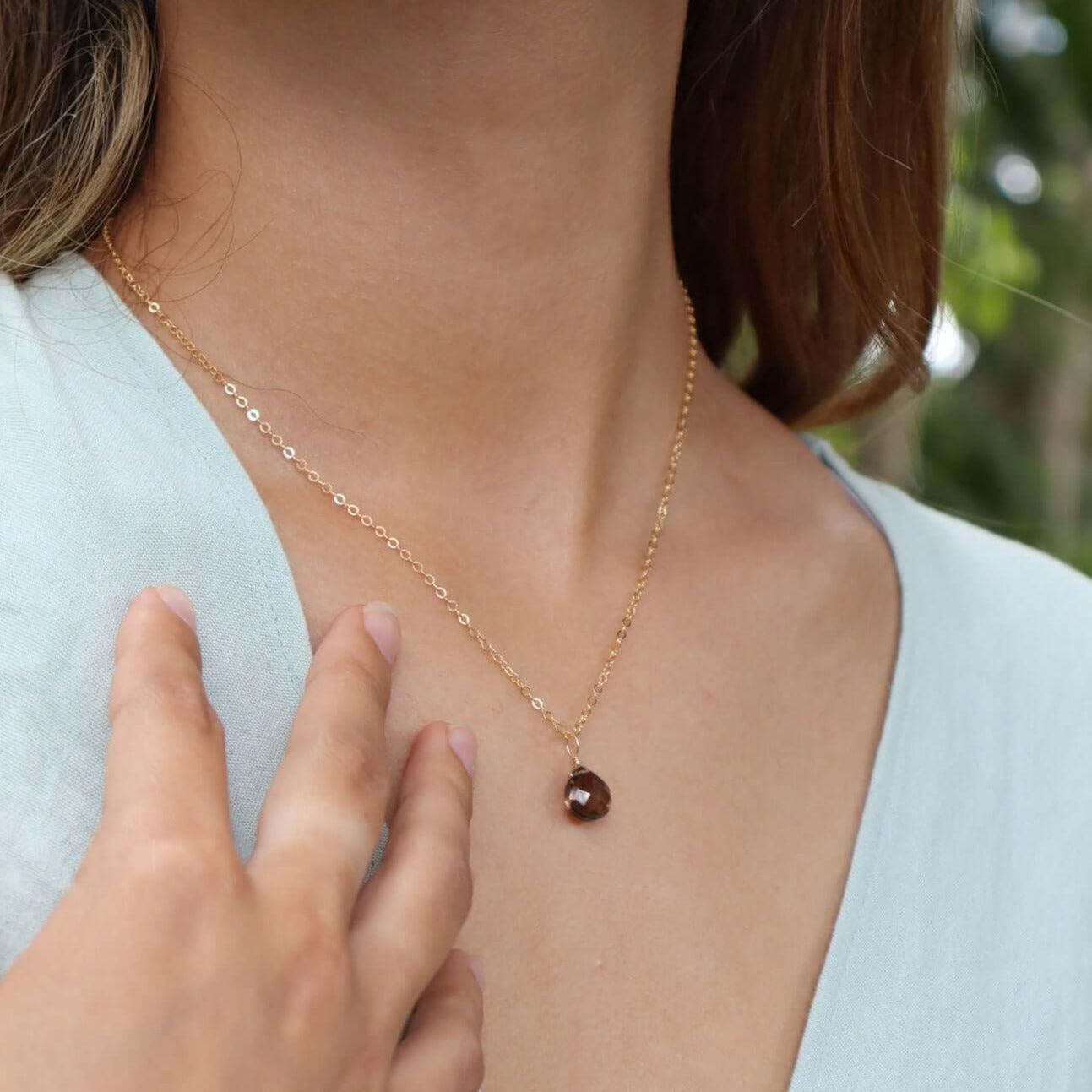 Tiny Smoky Quartz Teardrop Crystal Necklace - Tiny Smoky Quartz Teardrop Crystal Necklace - Sterling Silver / Cable - Luna Tide Handmade Crystal Jewellery
