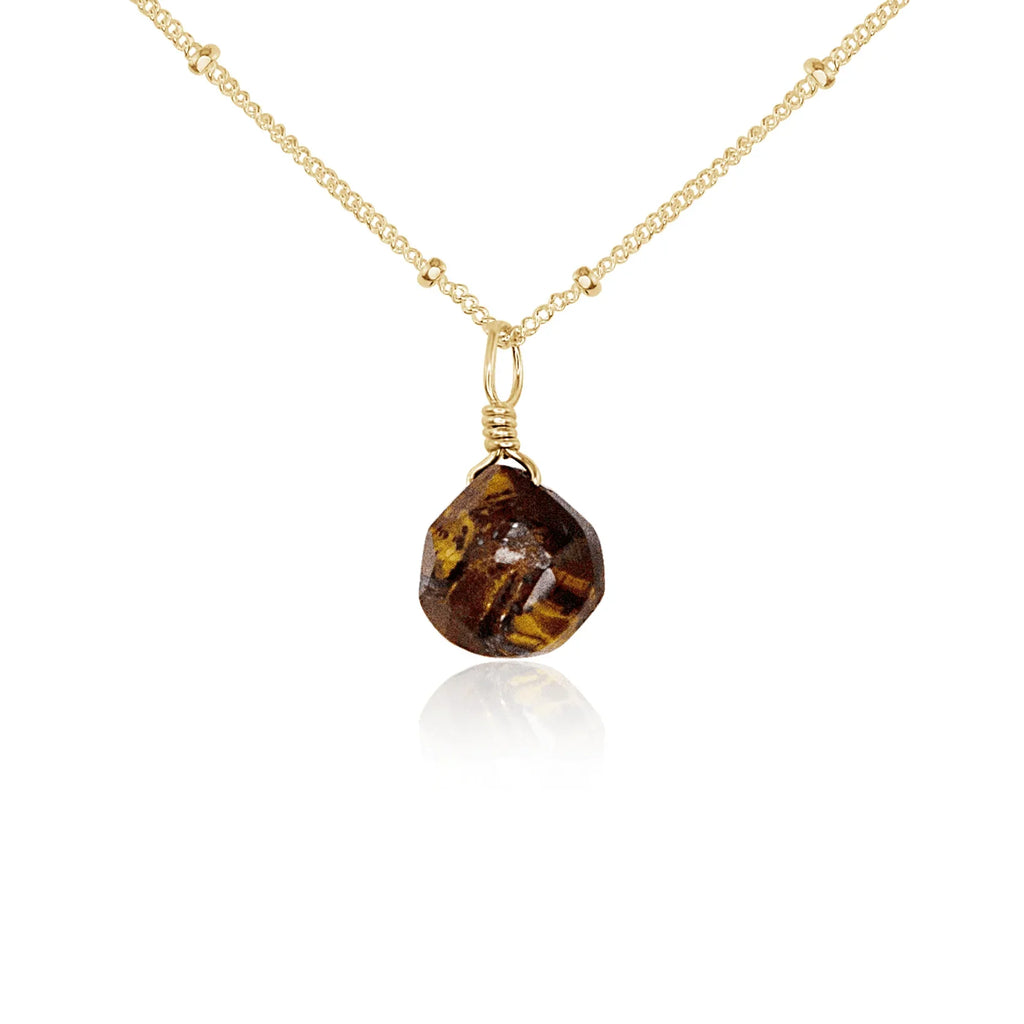 Tiny Tiger's Eye Teardrop Necklace - Tiny Tiger's Eye Teardrop Necklace - 14k Gold Fill / Satellite - Luna Tide Handmade Crystal Jewellery