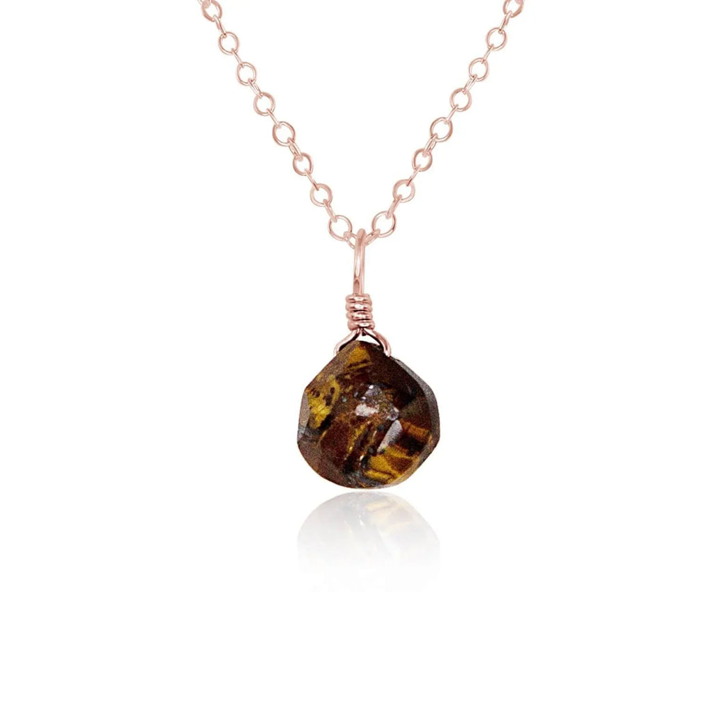 Tiny Tiger's Eye Teardrop Necklace - Tiny Tiger's Eye Teardrop Necklace - 14k Rose Gold Fill / Cable - Luna Tide Handmade Crystal Jewellery