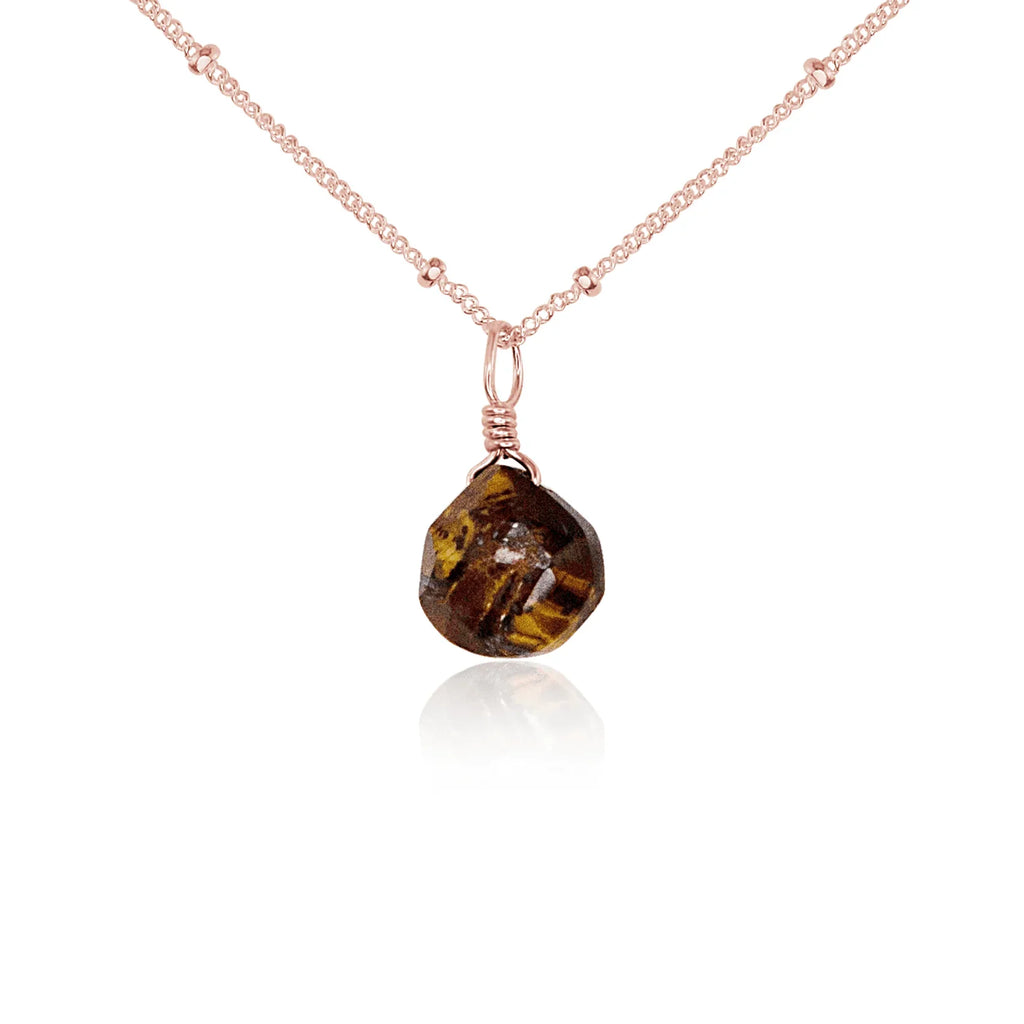 Tiny Tiger's Eye Teardrop Necklace - Tiny Tiger's Eye Teardrop Necklace - 14k Rose Gold Fill / Satellite - Luna Tide Handmade Crystal Jewellery