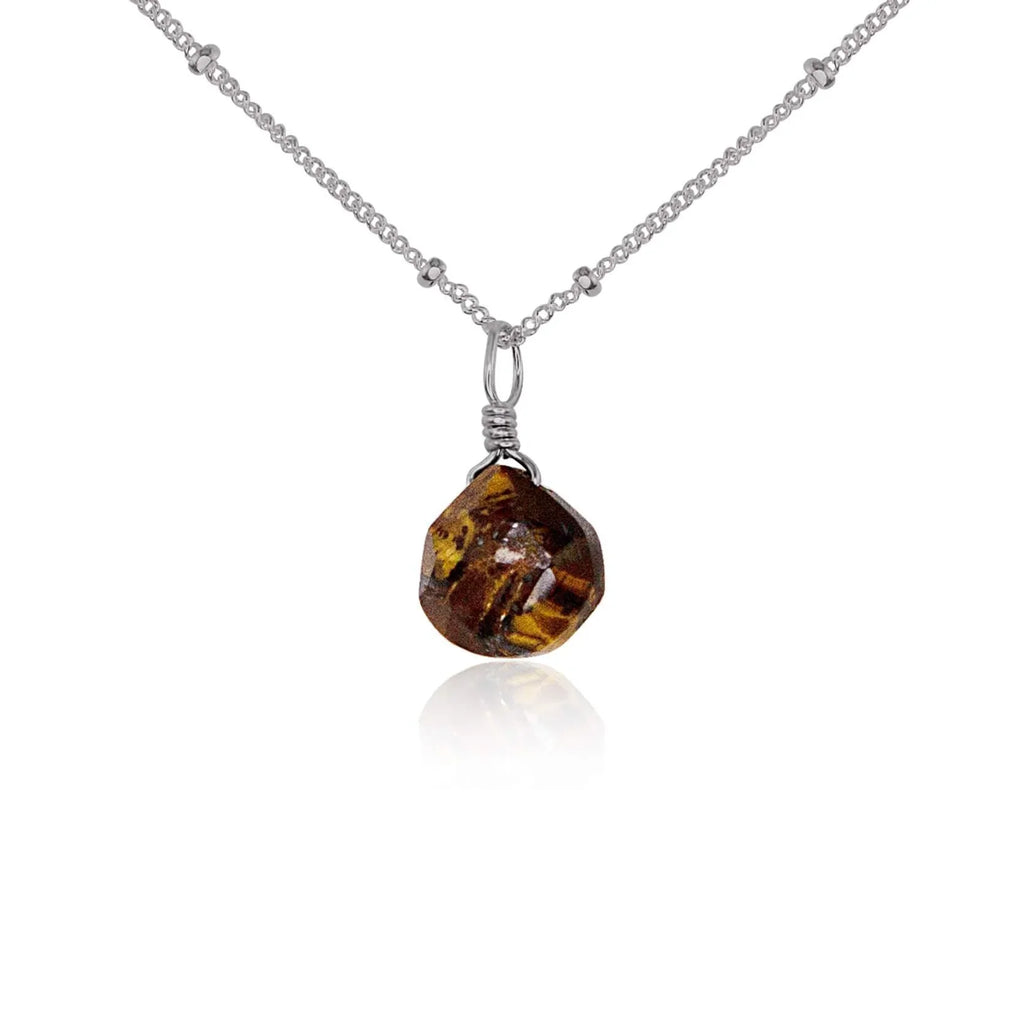 Tiny Tiger's Eye Teardrop Necklace - Tiny Tiger's Eye Teardrop Necklace - Stainless Steel / Satellite - Luna Tide Handmade Crystal Jewellery