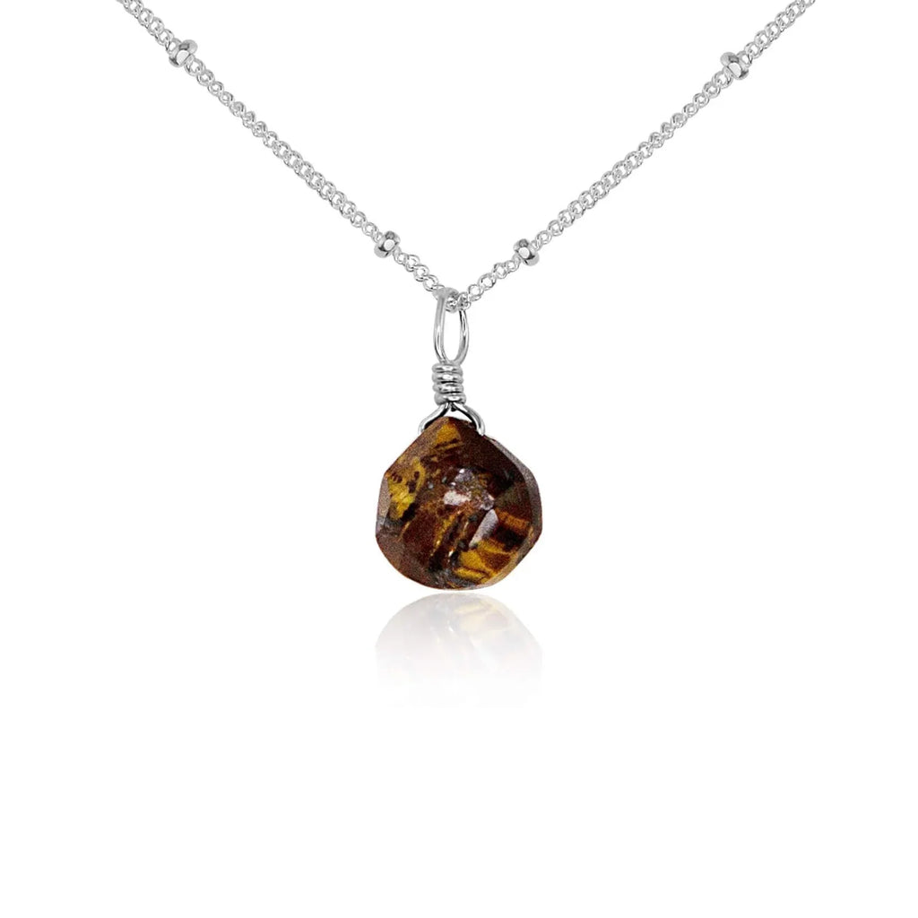 Tiny Tiger's Eye Teardrop Necklace - Tiny Tiger's Eye Teardrop Necklace - Sterling Silver / Satellite - Luna Tide Handmade Crystal Jewellery
