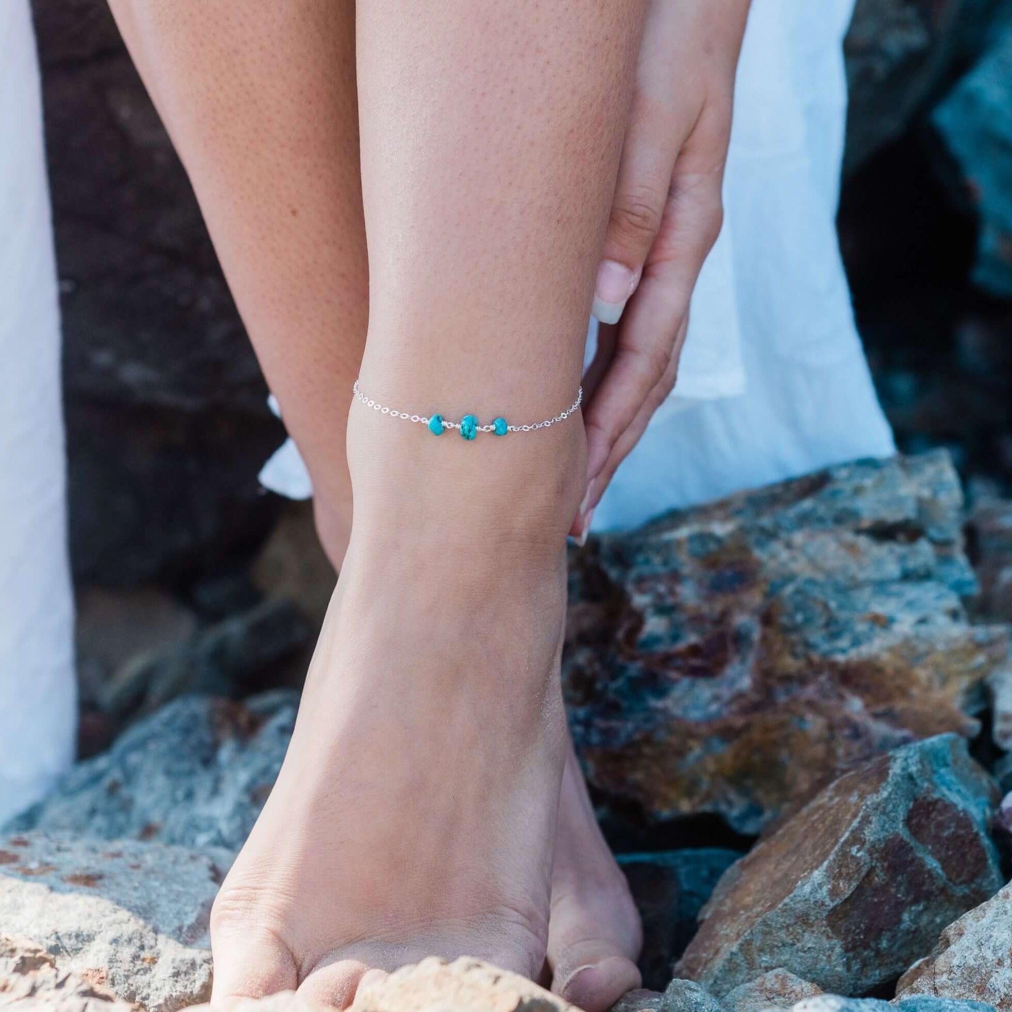 Turquoise Beaded Chain Anklet - Turquoise Beaded Chain Anklet - Sterling Silver - Luna Tide Handmade Crystal Jewellery