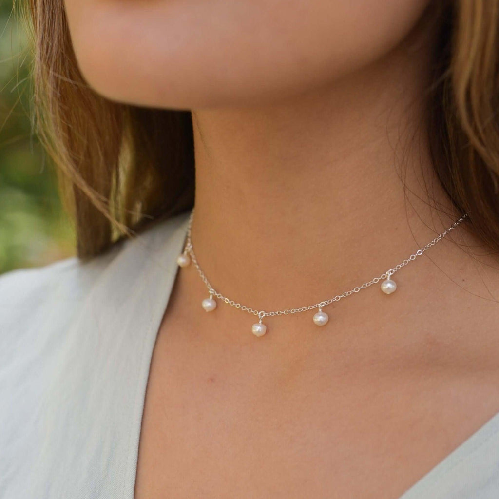 White Freshwater Pearl Bead Drop Choker - White Freshwater Pearl Bead Drop Choker - 14k Gold Fill - Luna Tide Handmade Crystal Jewellery