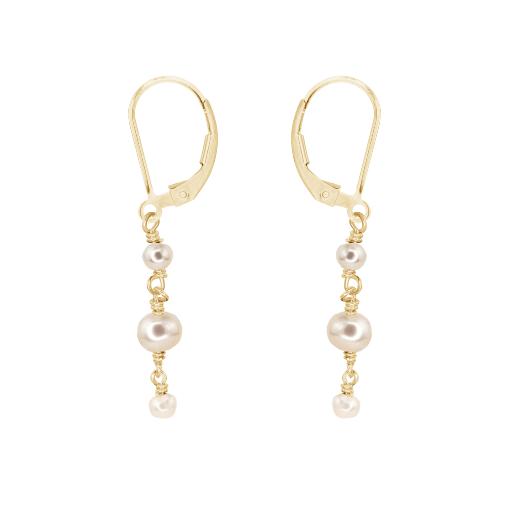 White Freshwater Pearl Crystal Beaded Chain Dangle Leverback Earrings - White Freshwater Pearl Crystal Beaded Chain Dangle Leverback Earrings - 14k Gold Fill - Luna Tide Handmade Crystal Jewellery