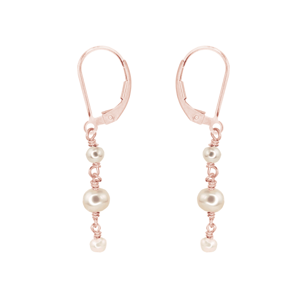 White Freshwater Pearl Crystal Beaded Chain Dangle Leverback Earrings - White Freshwater Pearl Crystal Beaded Chain Dangle Leverback Earrings - 14k Rose Gold Fill - Luna Tide Handmade Crystal Jewellery