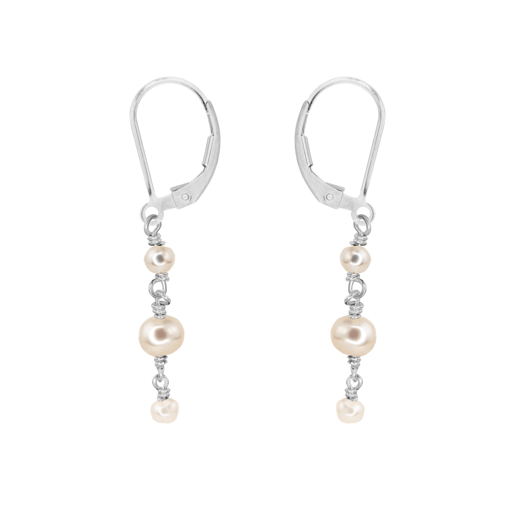 White Freshwater Pearl Crystal Beaded Chain Dangle Leverback Earrings - White Freshwater Pearl Crystal Beaded Chain Dangle Leverback Earrings - Sterling Silver - Luna Tide Handmade Crystal Jewellery