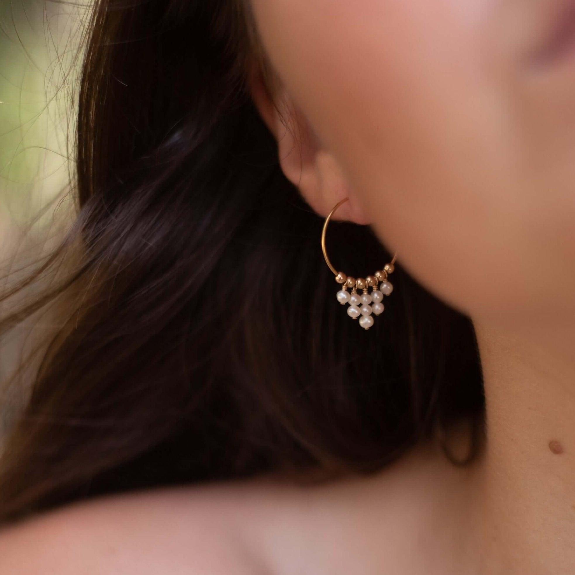 White Freshwater Pearl Statement Hoop Earrings - White Freshwater Pearl Statement Hoop Earrings - 14k Gold Fill - Luna Tide Handmade Crystal Jewellery